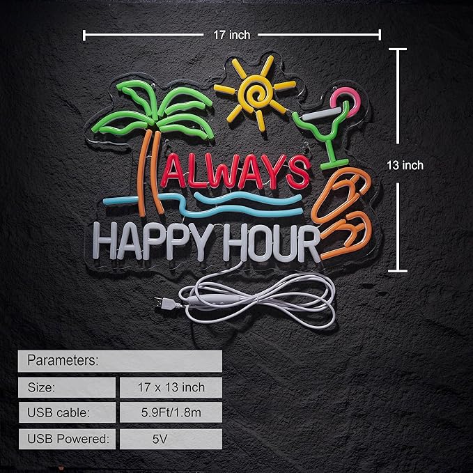 Always Happy Hour Beer Bar Neon Sign USB Dimmable LED Wall Decor for Home Tiki Bar