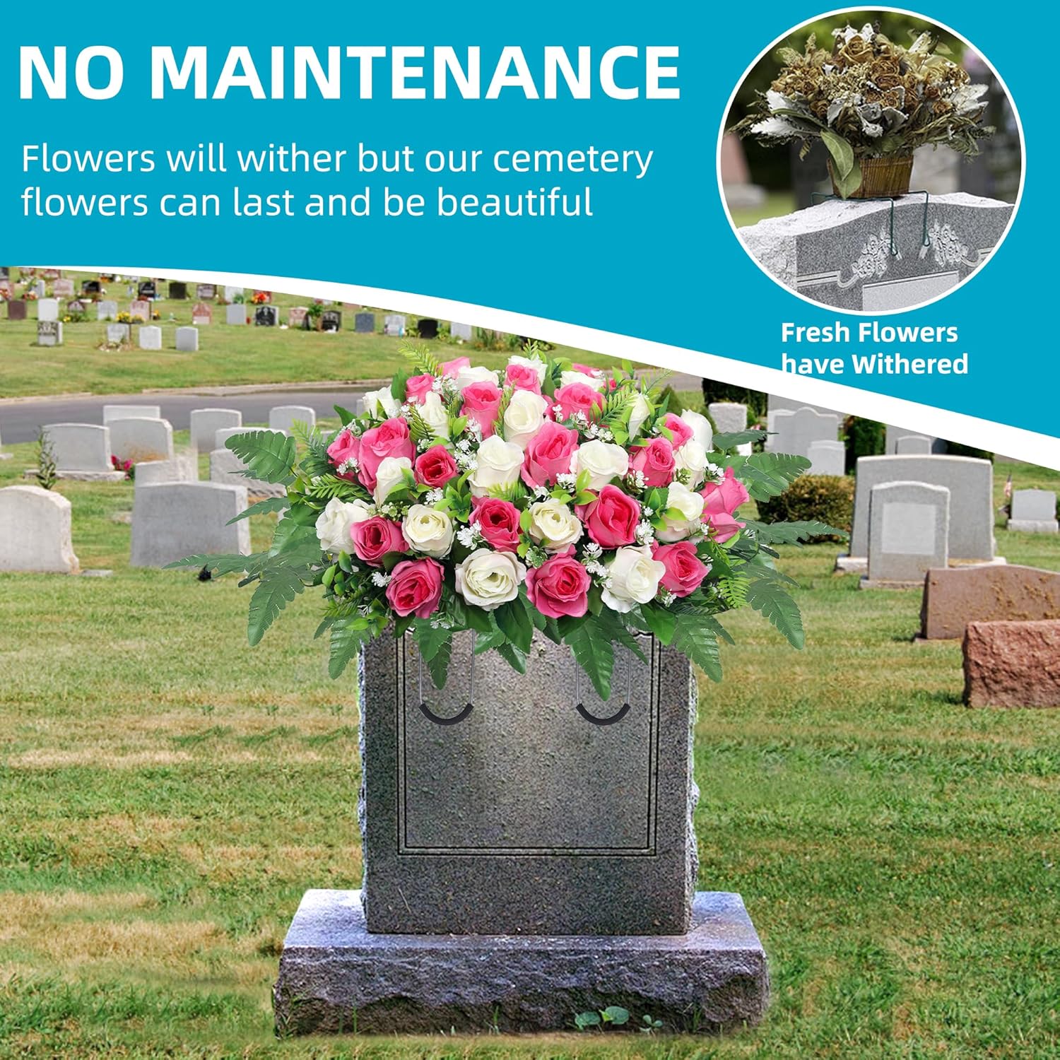Artificial Cemetery Flowers Saddle - Grave Decoration Headstone Flower Rose For Outdoor Grave Decorations (Pink White)