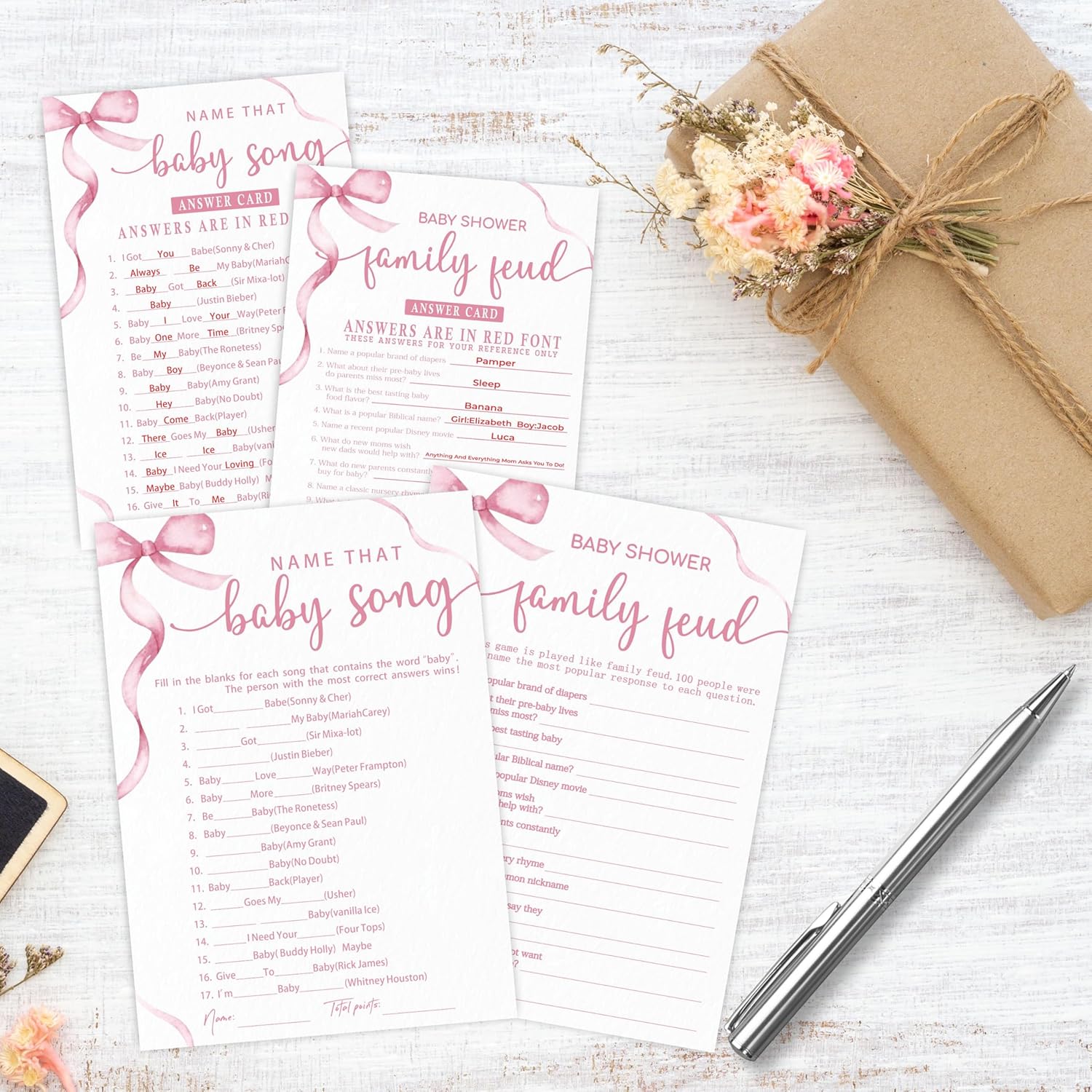 5"X 7" Baby Shower Games Kit, 30 Pcs Pink Bow Baby Song & Family Feud Two-In-One Game Cards With Answer Card, For Parents-To-Be, Baby Announcement, Gender Reveal, Party Favor & Decorations - F05