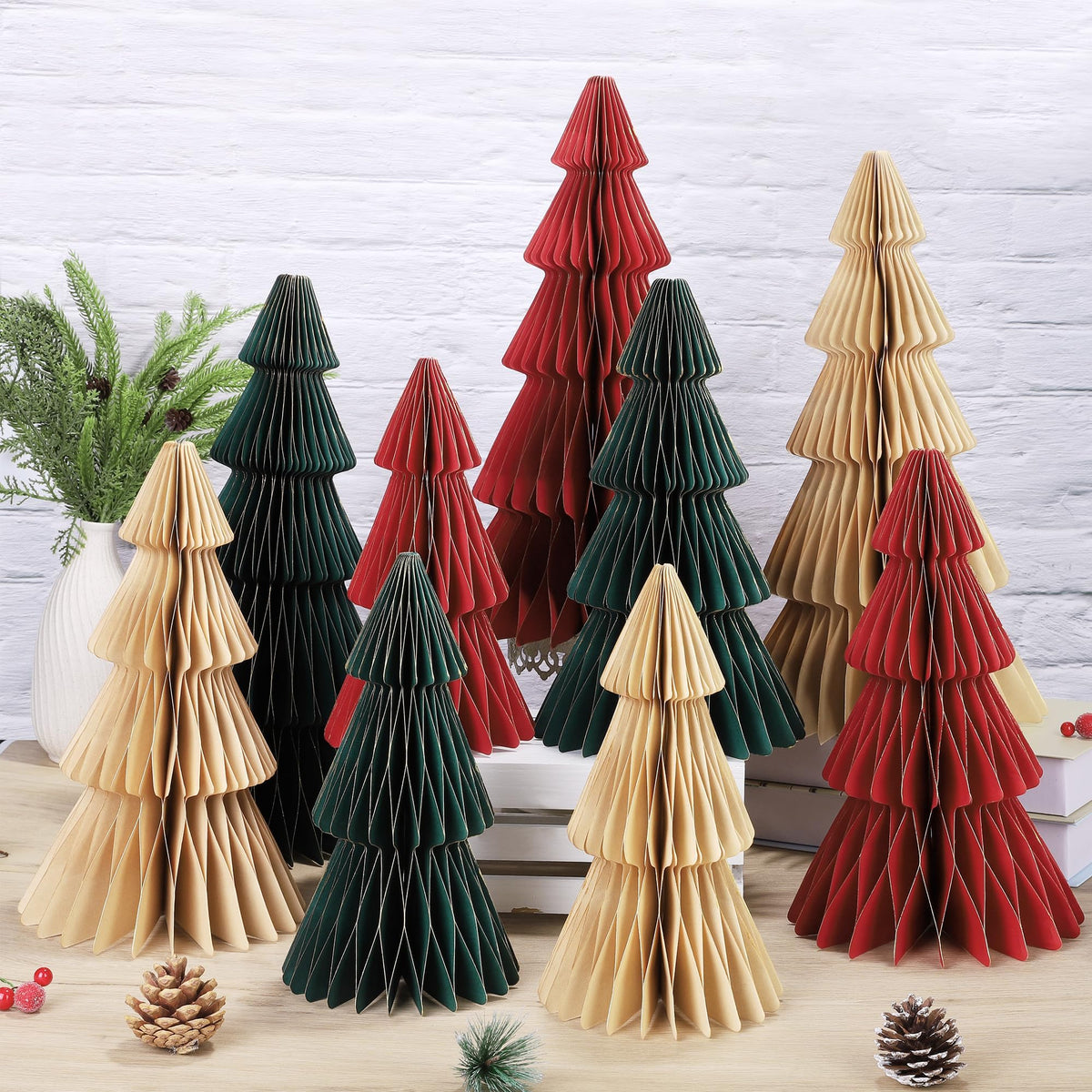 9 Pcs Honeycomb Paper Christmas Trees, 3D Christmas Honeycomb Table Centerpiece 16, 12 & 10 Inch Winter Ornaments Glitter Edge Xmas Tree for Home Holiday Xmas Party Decorations, Red, Green, Gold