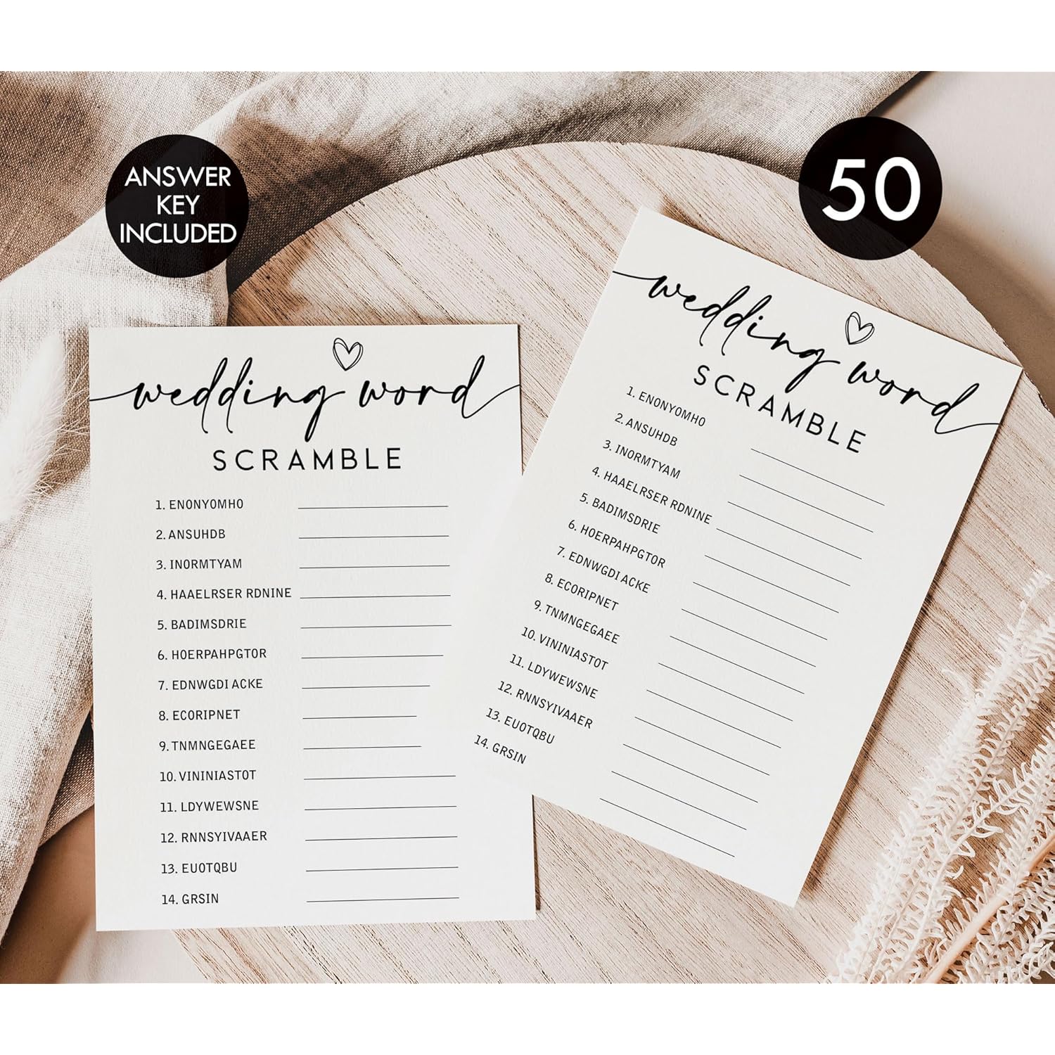 50 Wedding Word Scramble (50-Cards) Fun Bridal Shower Game Activity, Decorations, Engagement Party, Rehearsal Dinner, Minimalist Script