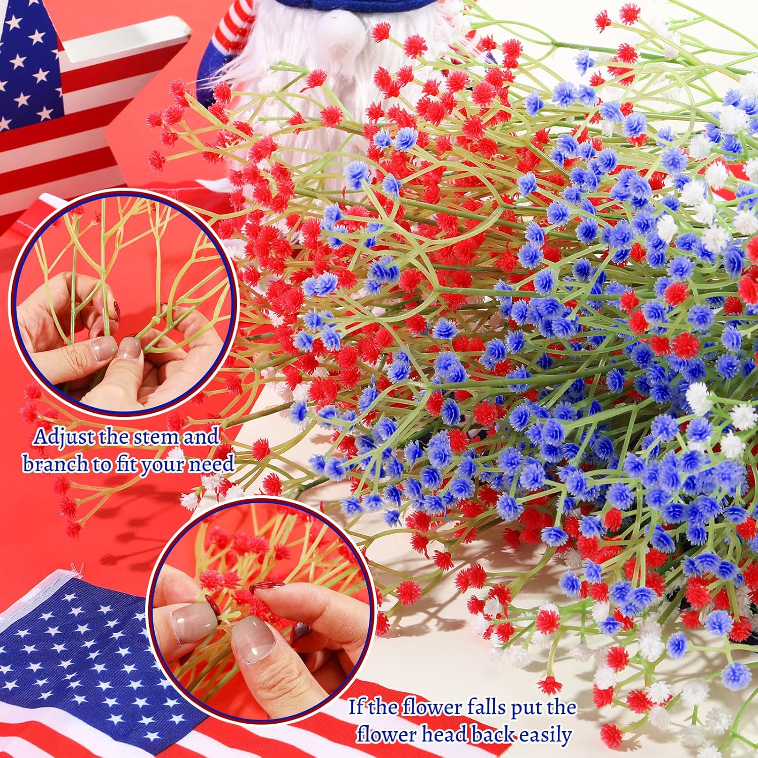 24 Pcs Patriotic Red Blue White Artificial Flower Babies Breath Fake Floral Arrangement For Independence Day Party Home Decor 4Th Of July Veterans Memorial Day Indoor Table Centerpiece