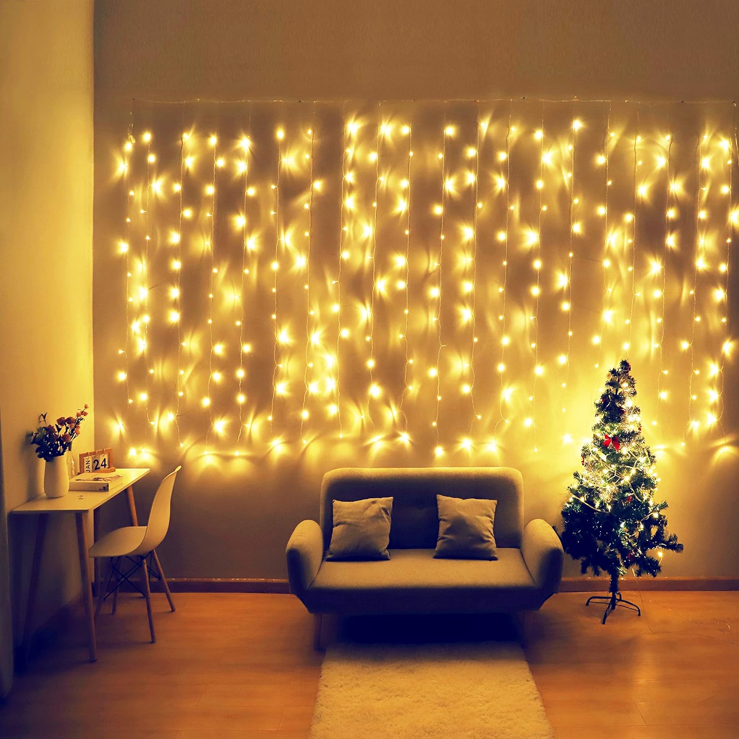 Fiee Curtain Lights,13Ftx6.5Ft Safety Window Curtain Icicle String Lights 30V 8 Modes For Christmas Wedding Party Family
