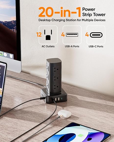 100W Power Strip Tower 12 AC Outlets 8 USB Ports Charging Station