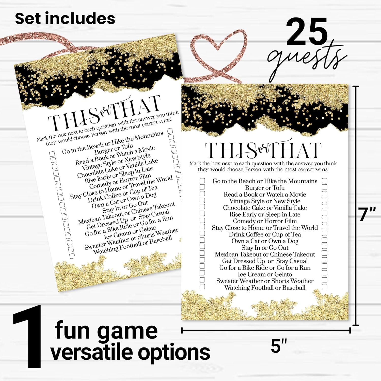 Black And Gold Bridal Shower Game Would She Rather - 25 Card Pack - Fun This Or That Game For Graduation Parties, Rehearsal Dinners & Birthdays - Modern Design