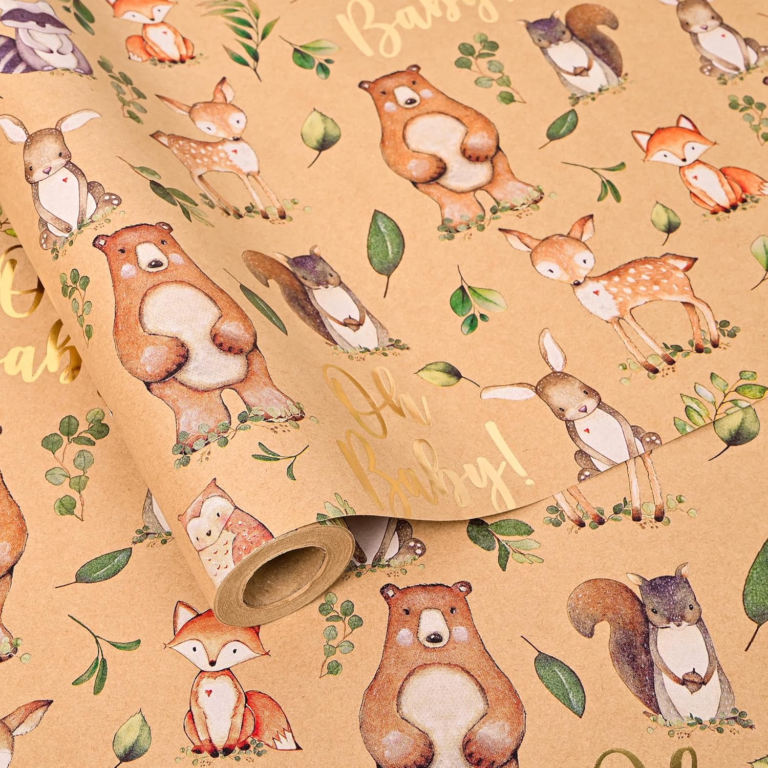 Baby Shower Kraft Wrapping Paper Roll For Boys Girls - 17 Inch X 33 Feet - Cute Woodland Animals Gold Foil Texts Design Birthday Gift Wrap For Neutral Baby Shower Kids' Birthday Party