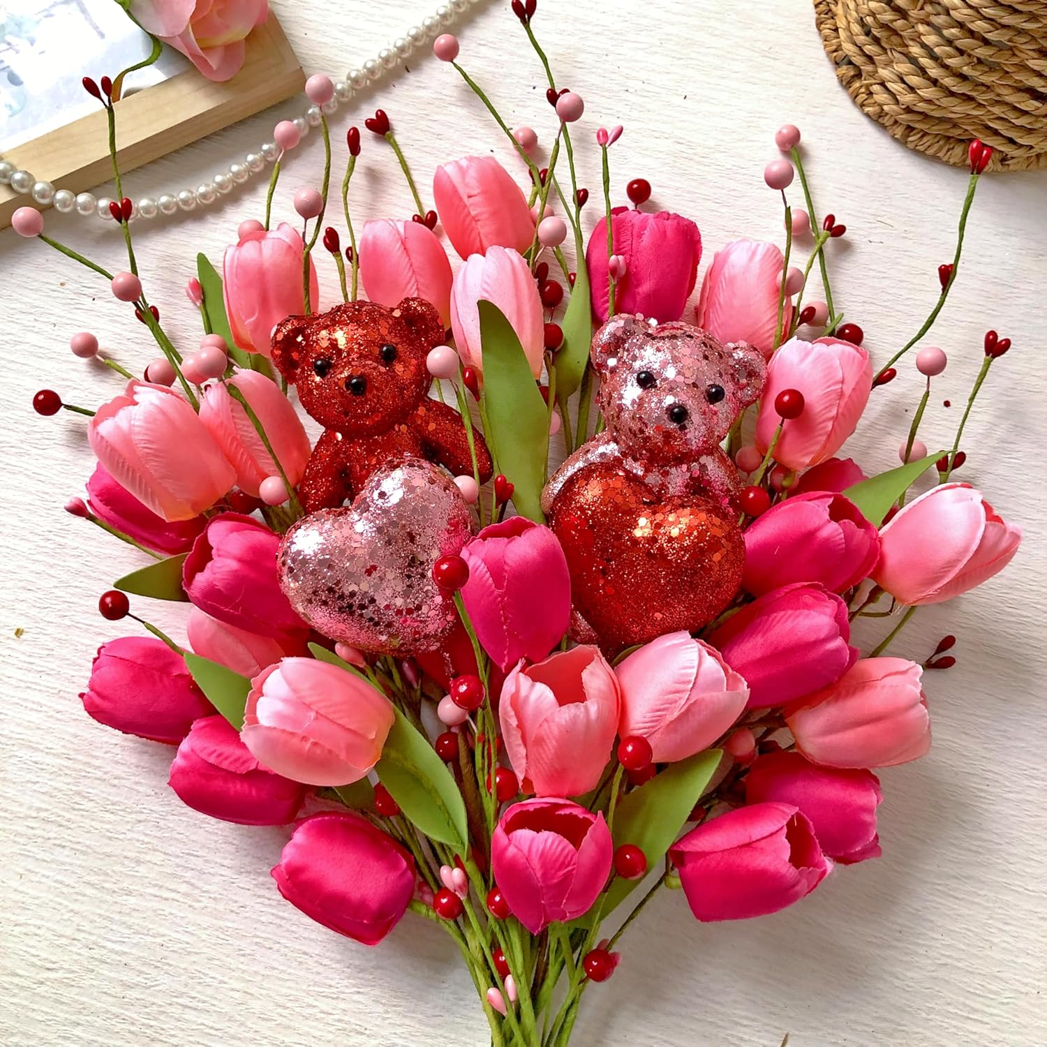 Valentine'S Day Decorations Valentines Day Flowers 10 Pack Artificial Floral Picks With Pink Red Bear And Heart Tulip For Valentine Mothers Day Anniversary Candlelight Dinner Party Decor