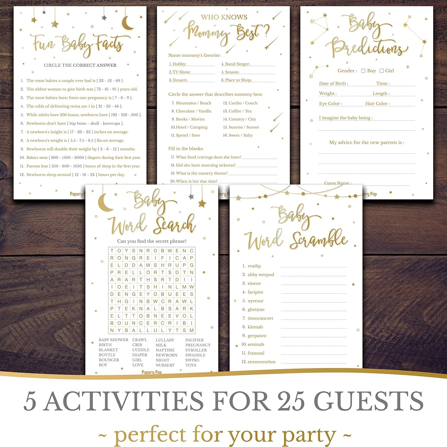 Baby Shower Games Or Gender Reveal Games - 5 Activities For 25 Guests - Double Sided - Gold Night Stars