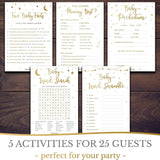 Baby Shower Games Or Gender Reveal Games - 5 Activities For 25 Guests - Double Sided - Gold Night Stars
