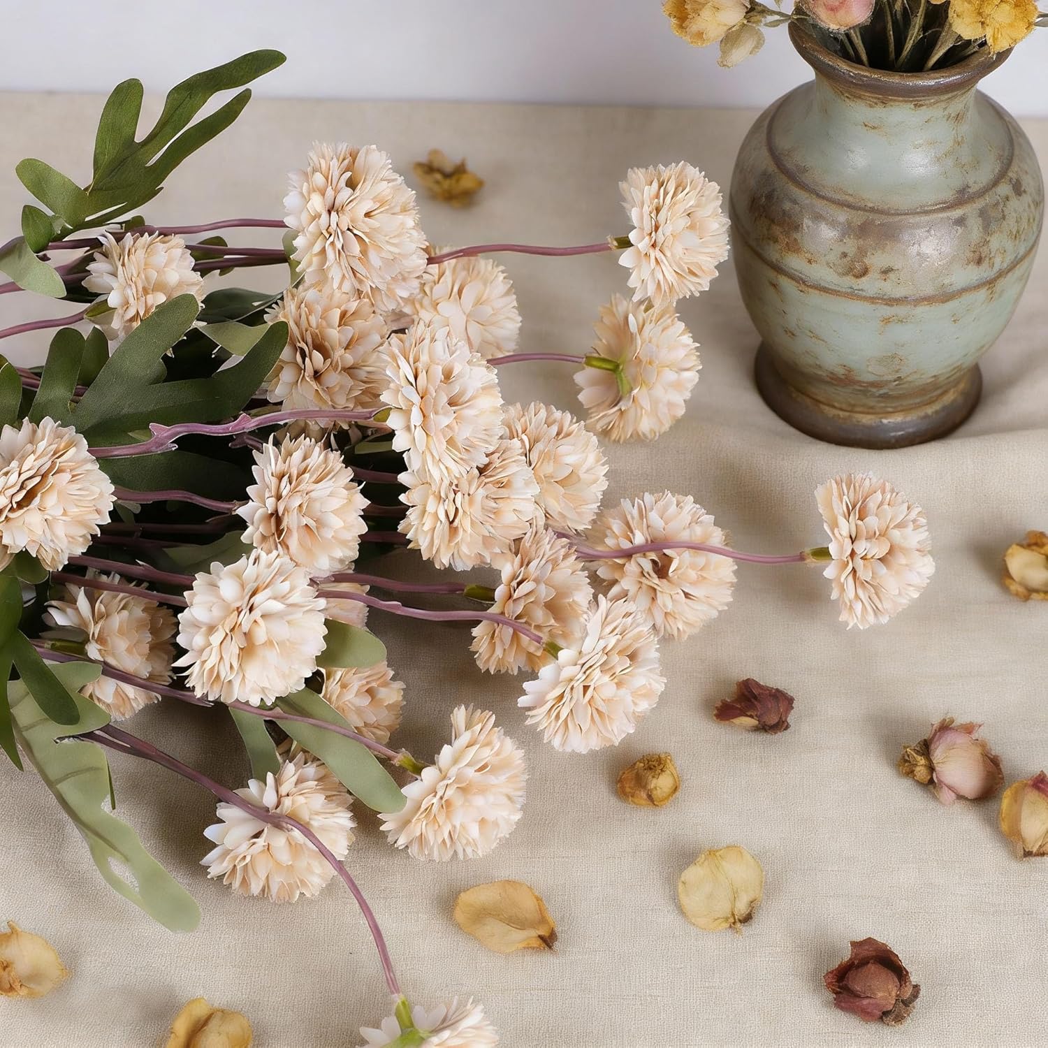 5Pcs Beige Faux Silk Mums Artificial Flowers, Bulk Fake Small Mini Chrysanthemums With Stems For Diy Champagne Wedding Centerpieces Floral Arrangements Vase Fillers Home Decorations