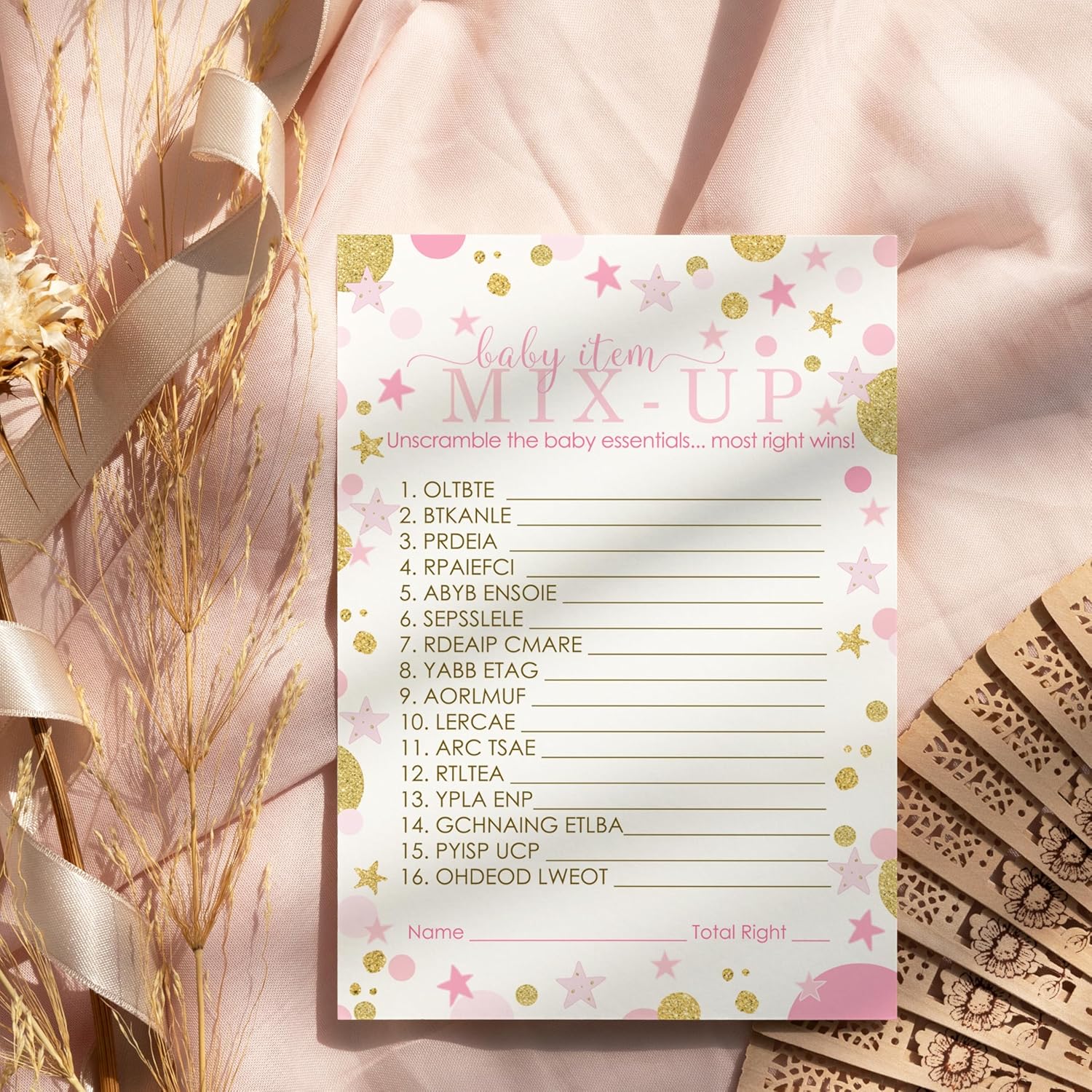 Twinkle Little Star Baby Shower Games For Girls - Word Scramble - Fun Gender Reveal Games For Guests - Royal Princess Theme In Pink And Gold - 25 Cards