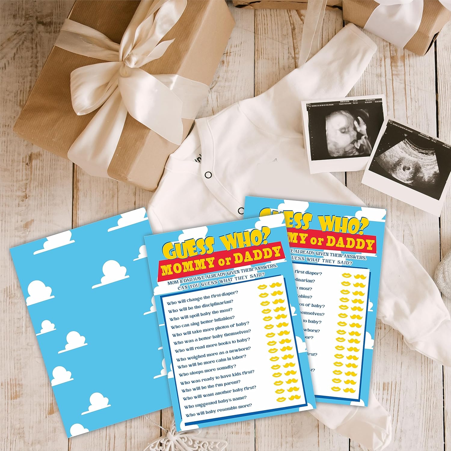 30 Baby Shower Guess Who Mom Or Dad Game, Sky & Clouds Theme 5 X 7 Inches Double Sided Fill-In Game Cards For Boys Or Girls, Gender Neutral Party Favor & Supplies-D03