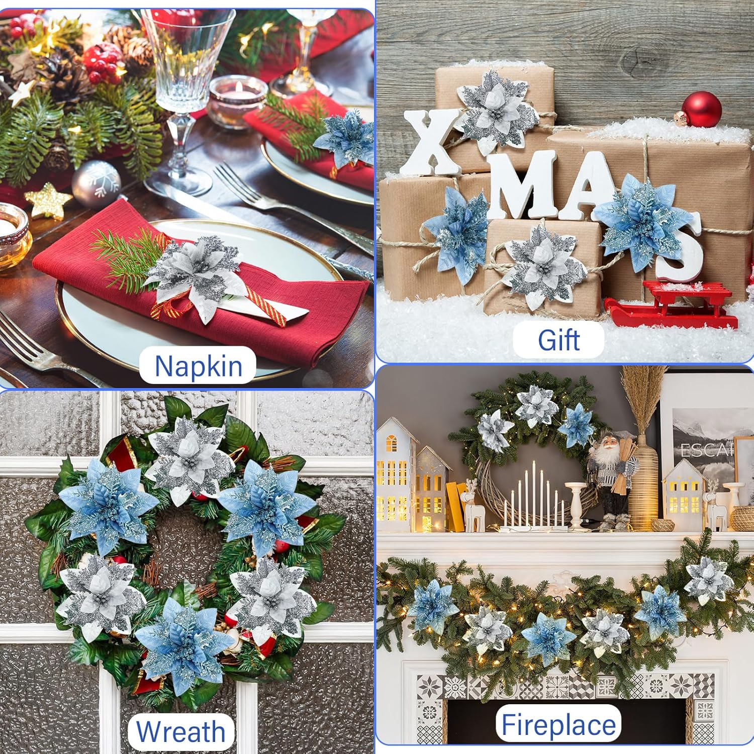 30 Pcs Poinsettia Christmas Artificial Glitter Flower Xmas Flower Poinsettia For Xmas Christmas Tree Craft Decor(Light Blue, Silver)