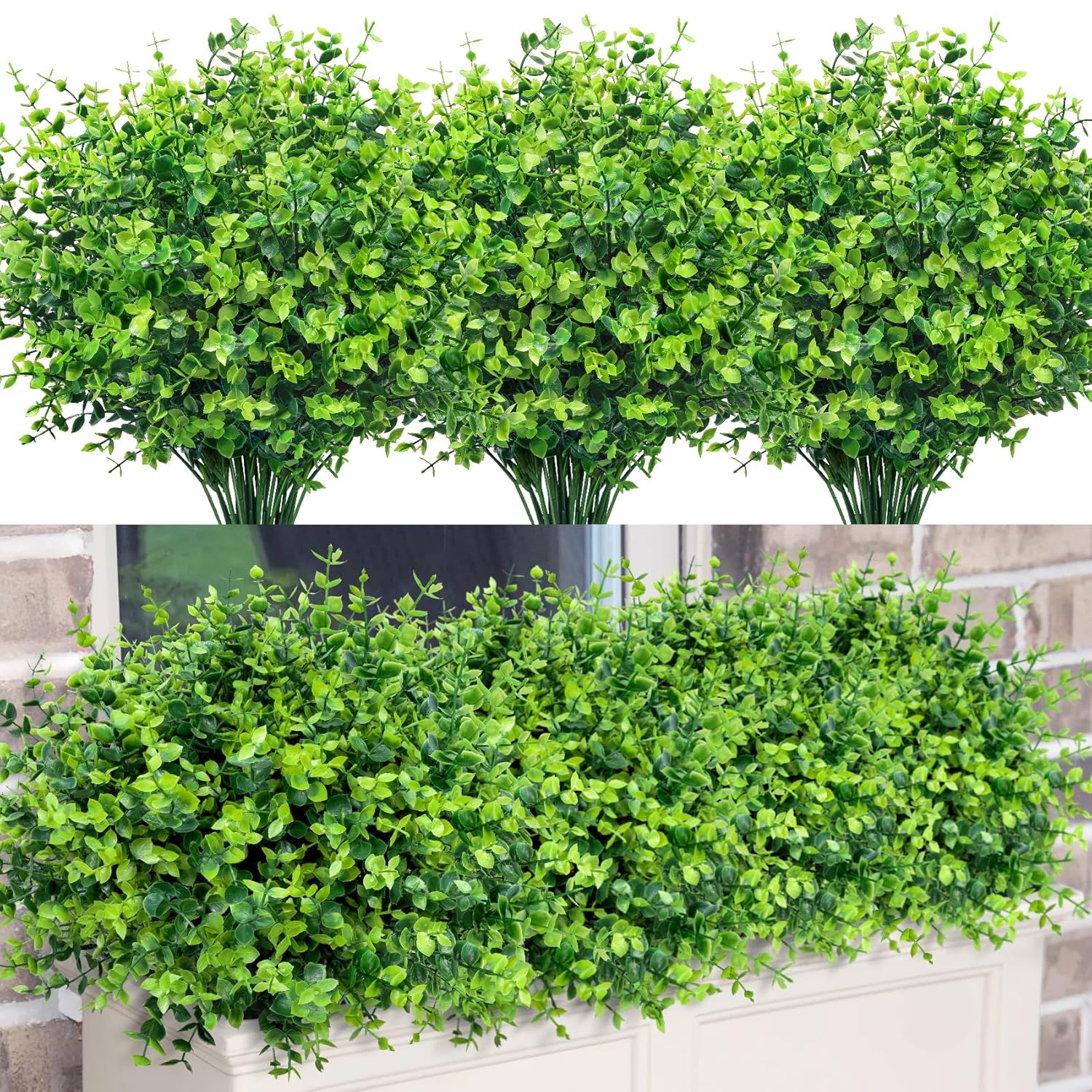 24 Bundles Greenery Artificial Plants Outdoors, Eucalyptus Stems Uv Resistant Fake Foliage Plants Faux Boxwood Shrubs Indoor Decorations Artificial Flowers For Garden Pot Porch Fence Hanging Planter