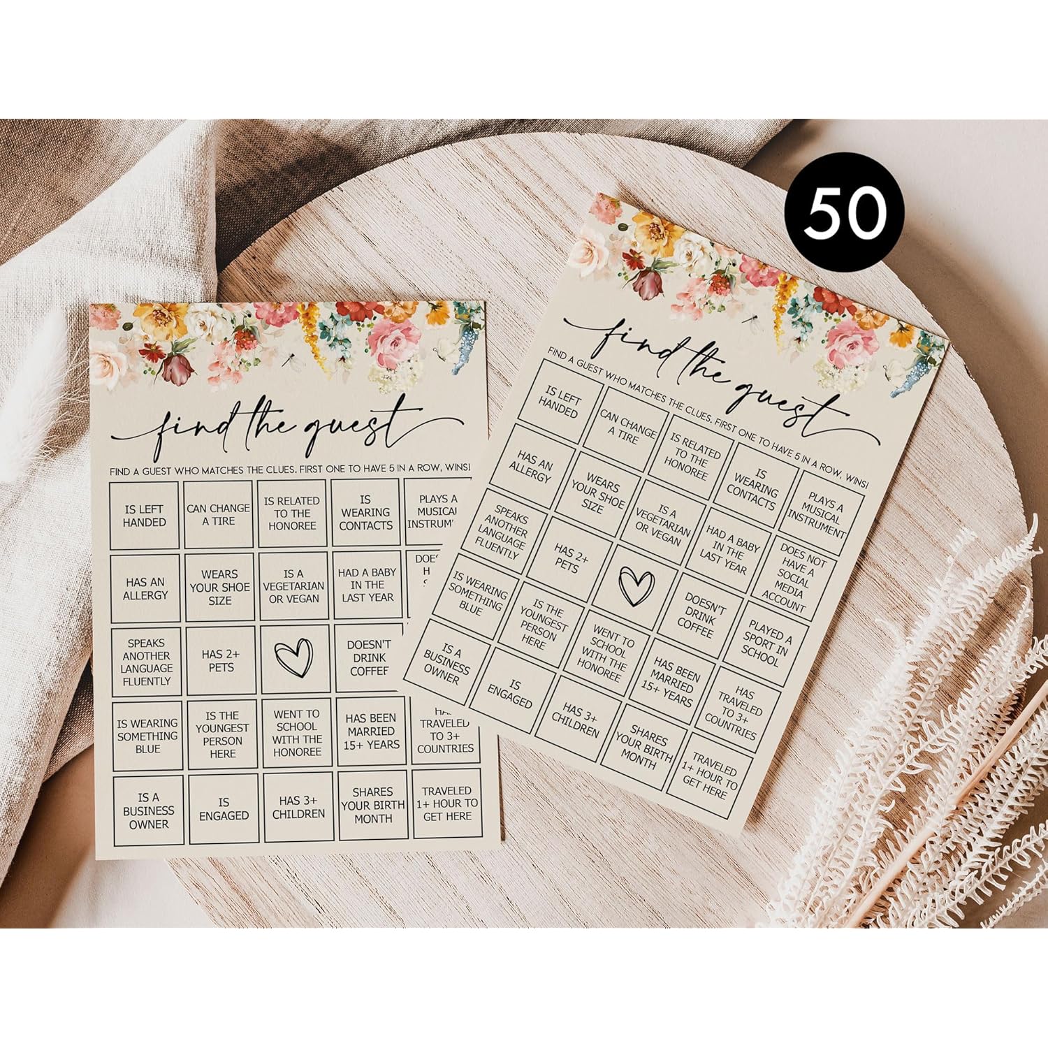 50 Find The Guest Bingo Game (50-Cards) Fun Baby Shower Game Activity, Bridal Shower, Wedding Decorations, Rehearsal Dinner, Engagement Party, Wildflower, Boho, Girl