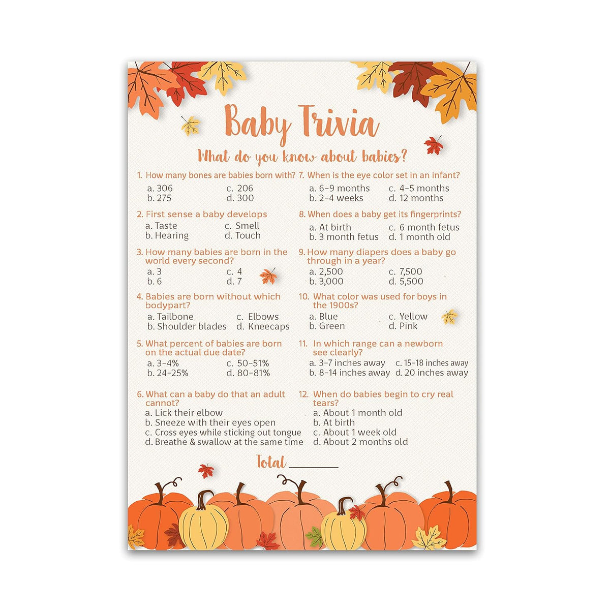 Little Pumpkin Baby Shower Game — Baby Trivia — 25 Pack — Fun Facts Fall Shower Or Gender Reveal Party Activity, Autumn Theme Pumpkins Rustic & Gender Neutral G330-Trv