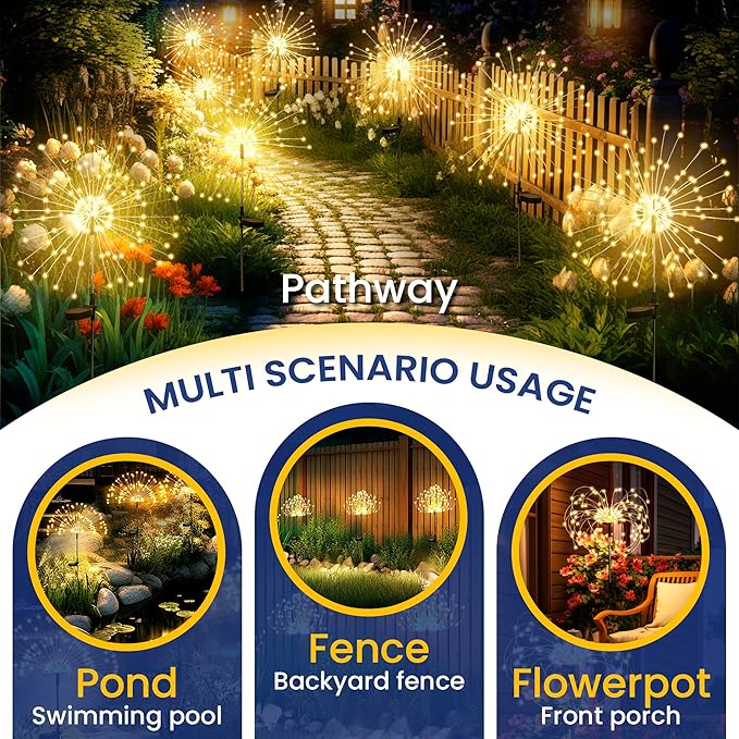 4 Pack Solar Garden Lights 120 LED Warm White Fairy Firework Lights for Yard Pathway Patio Outdoor Decor