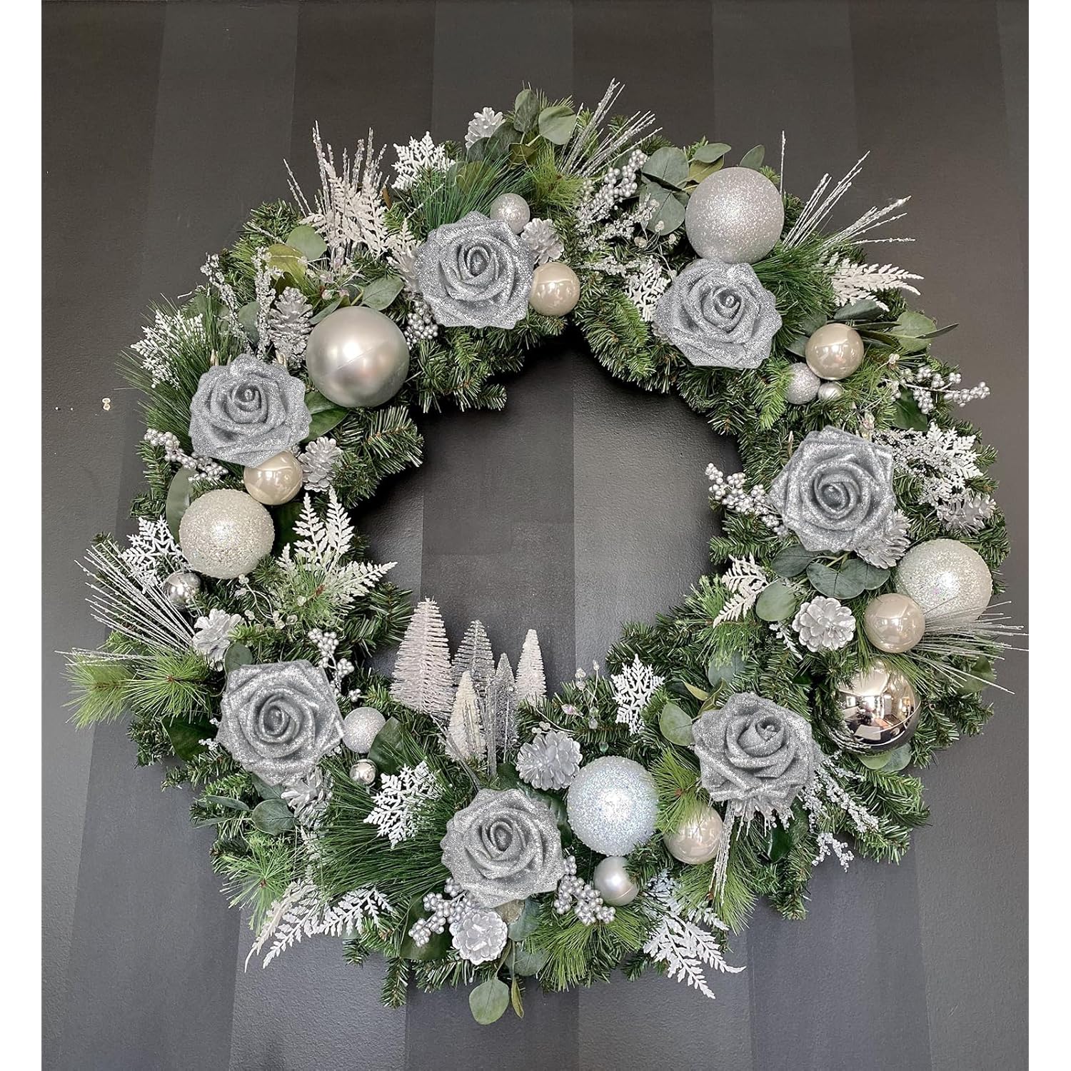 Artificial Roses 30Pcs Silver Flowers 3.15" Glitter Roses Artificial Flowers With Stems For Diy Wreath Wedding Christmas Home Party Decor(Silver)