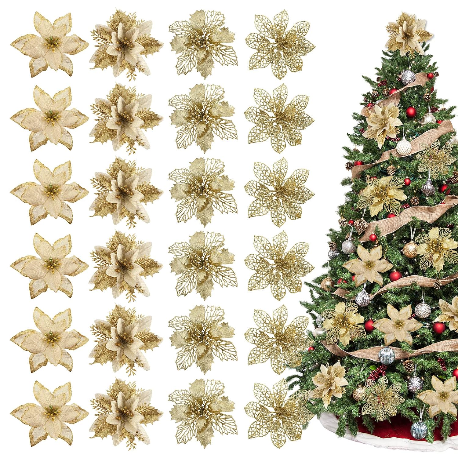 24Pcs Christmas Poinsettia Tree Decoration Glitter Gold Artificial Flowers With 24Pcs Clips Xmas Tree Flowers Ornaments Wreath Decor For Holiday Party New Year Home Outdoor Porch Garden