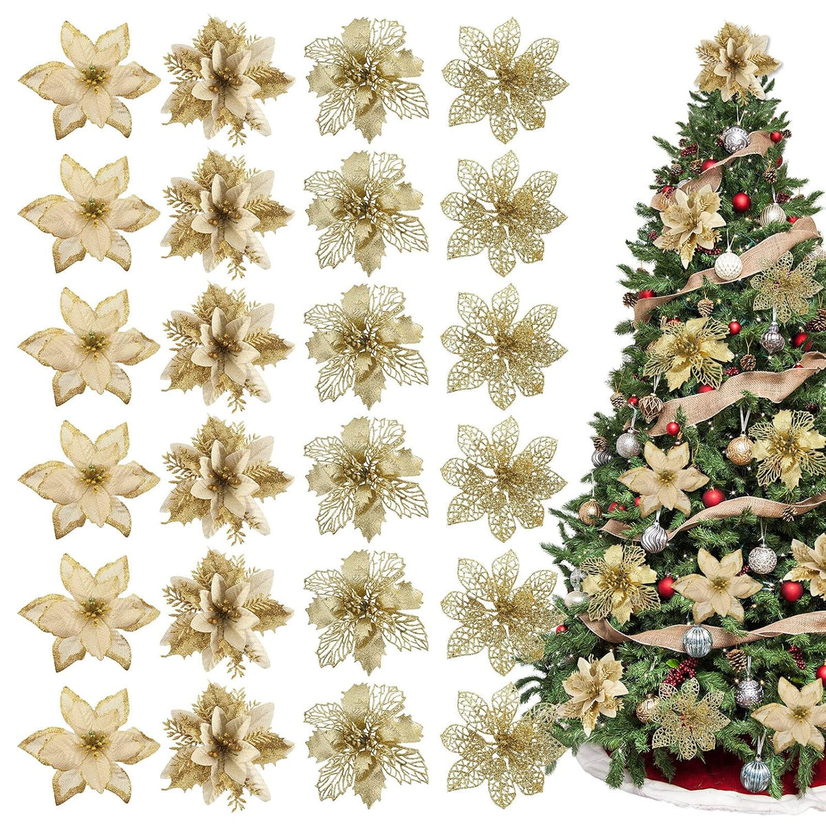 24Pcs Christmas Poinsettia Tree Decoration Glitter Gold Artificial Flowers With 24Pcs Clips Xmas Tree Flowers Ornaments Wreath Decor For Holiday Party New Year Home Outdoor Porch Garden