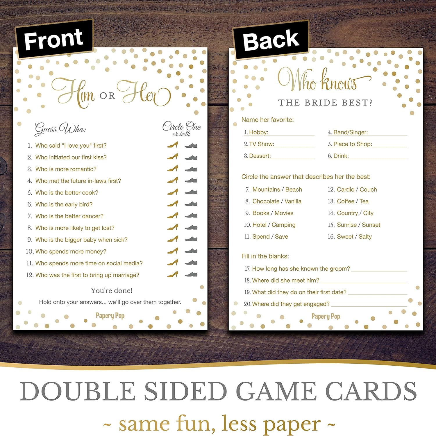 Bridal Shower Games - 5 Activities For 25 Guests - Double Sided Games - Gold Polka Dots