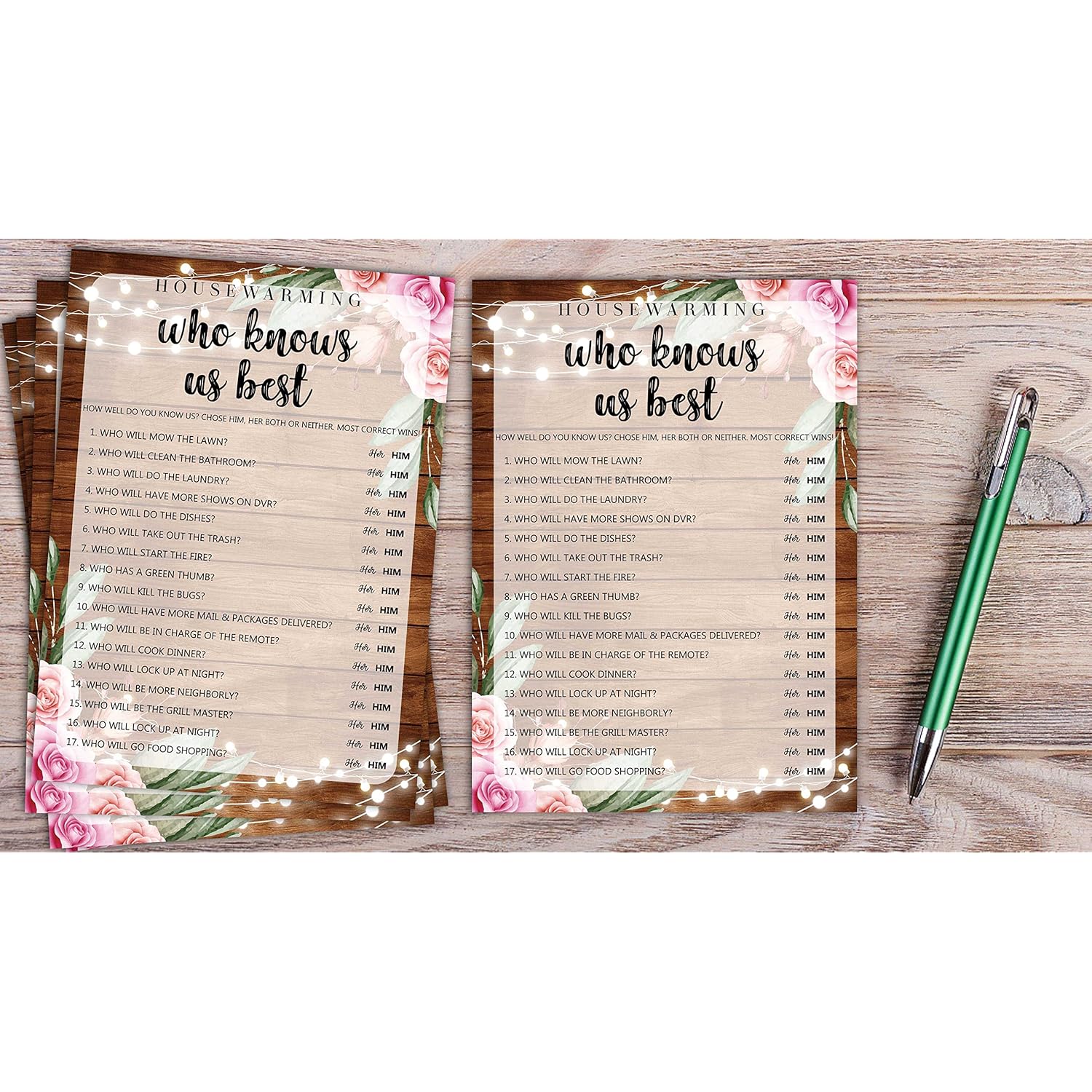 Housewarming Party Games, Who Knows Us Best, Rustic Floral New Home, New House, New Homeowner Party Games Cards, 30 Sheets Each Pack