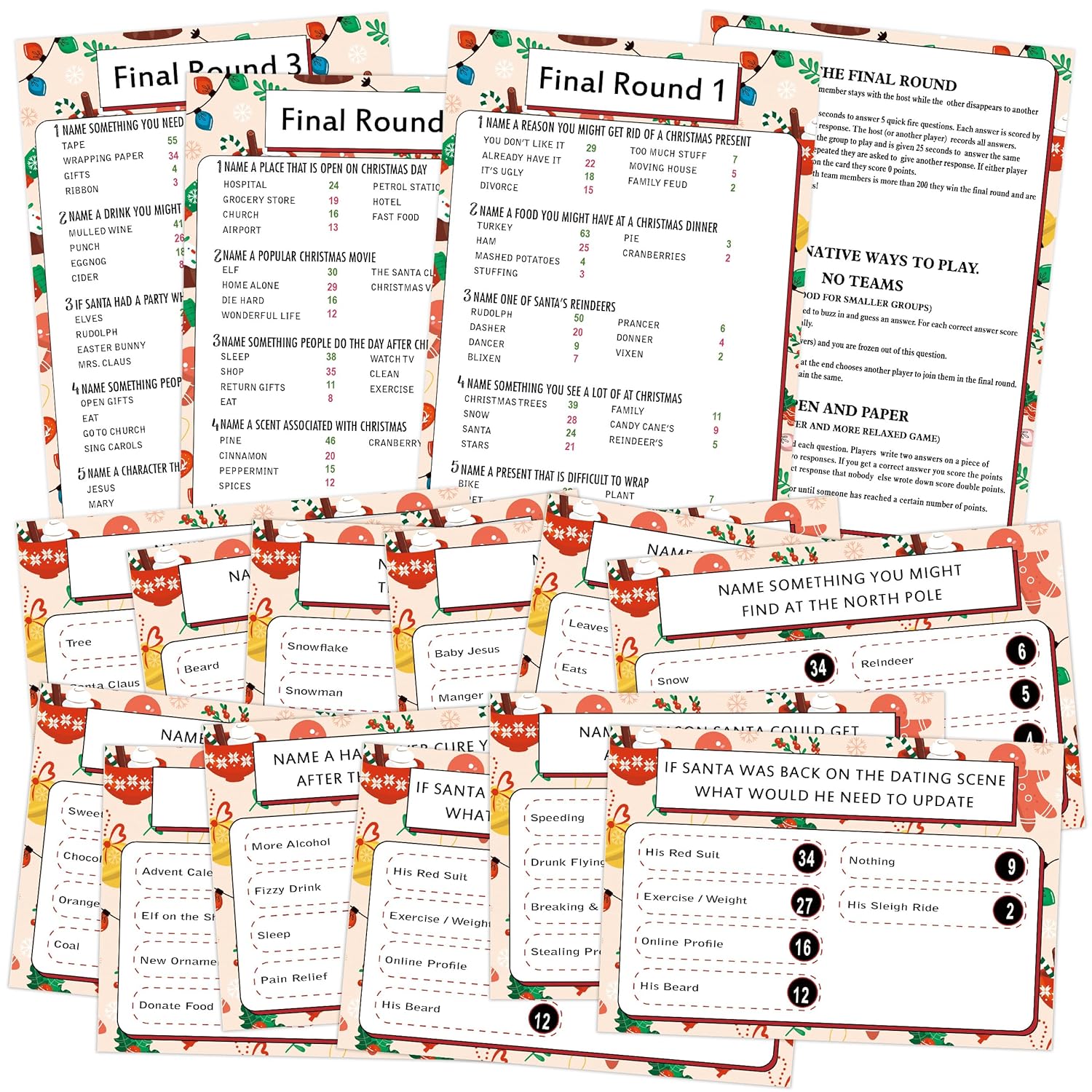 Christmas Friendly Feud Quiz, Christmas Party Games, Family Feud Game For Adults, Family Reunion Games, Ideas For Office, Class (12 Pcs Question Cards, 3 Pcs Final Round Cards), Zc02