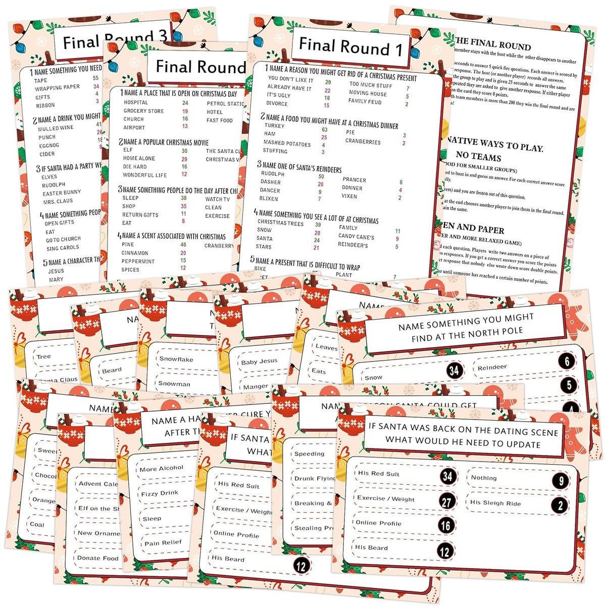 Christmas Friendly Feud Quiz, Christmas Party Games, Family Feud Game For Adults, Family Reunion Games, Ideas For Office, Class (12 Pcs Question Cards, 3 Pcs Final Round Cards), Zc02