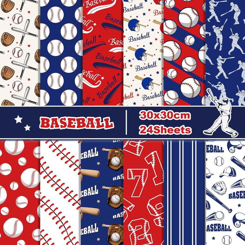 24 Sheets Baseball Scrapbook Paper, Blue Red Star Baseball Player Pattern Deco