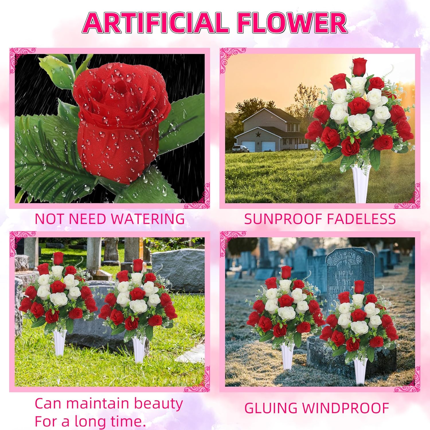 Set Of 2 Artificial Cemetery Flowers, Grave Memorial Flowers With Vase, Outdoor Grave Decorations Roses For Cemetery Headstones Decoration (Red White)
