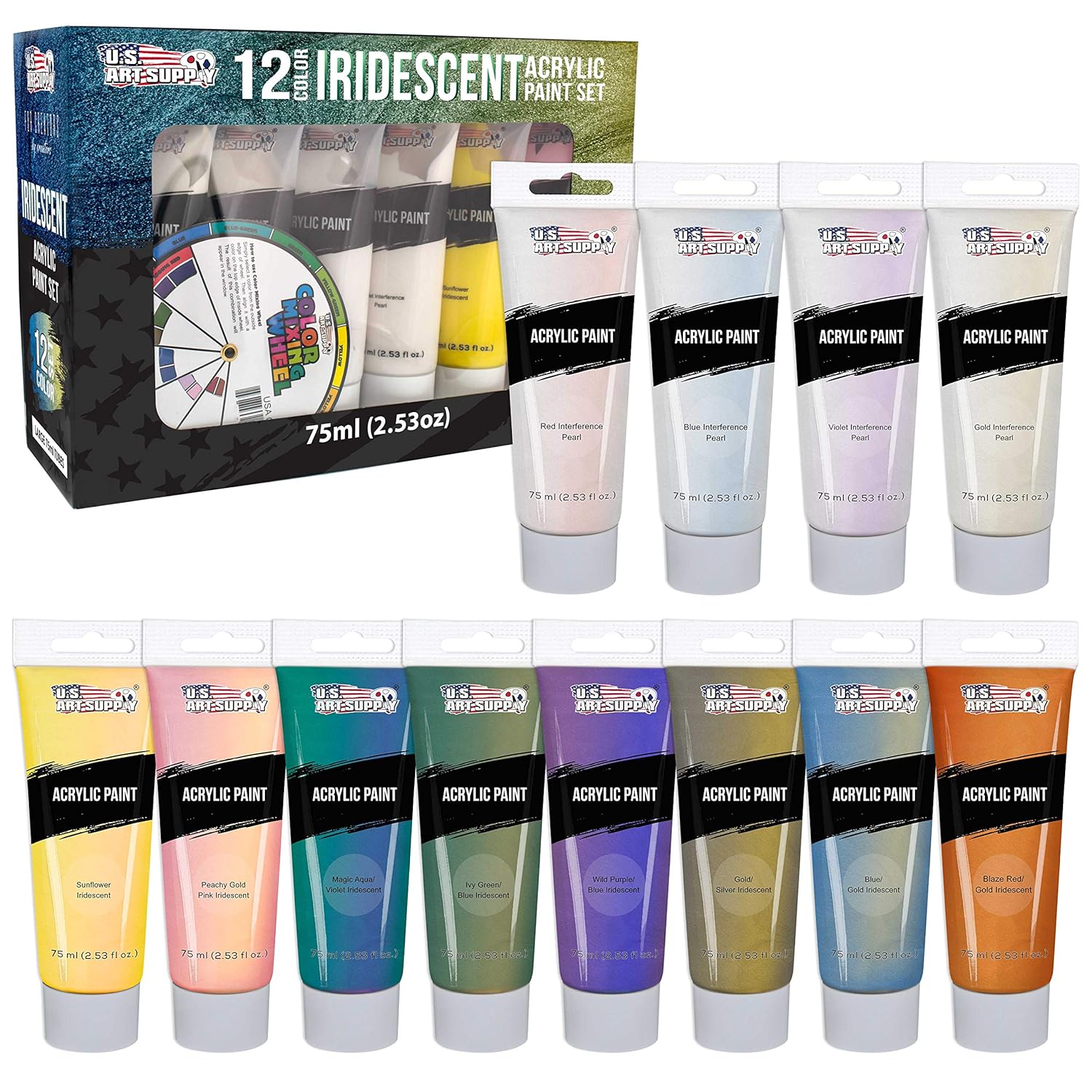 12-Color Iridescent Acrylic Paint Set Large 75Ml Tubes - Luminescent, Chameleon, Color-Shifting Pearl Colors, Crafting Paints - Iridescent Paint Acrylics For Canvas, Wood, Rock, Paper