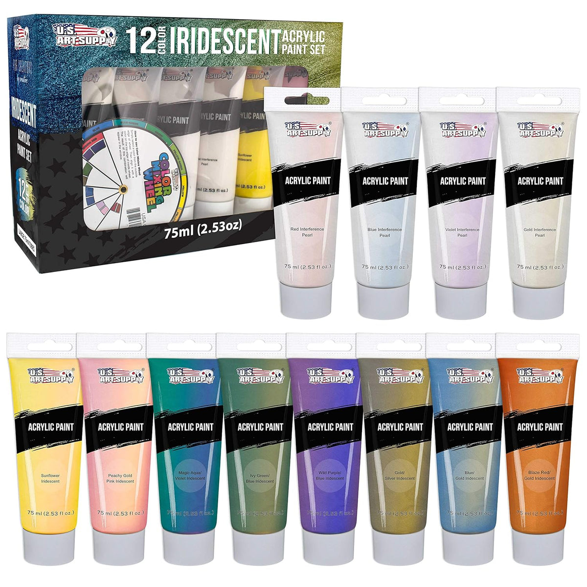 12-Color Iridescent Acrylic Paint Set Large 75Ml Tubes - Luminescent, Chameleon, Color-Shifting Pearl Colors, Crafting Paints - Iridescent Paint Acrylics For Canvas, Wood, Rock, Paper