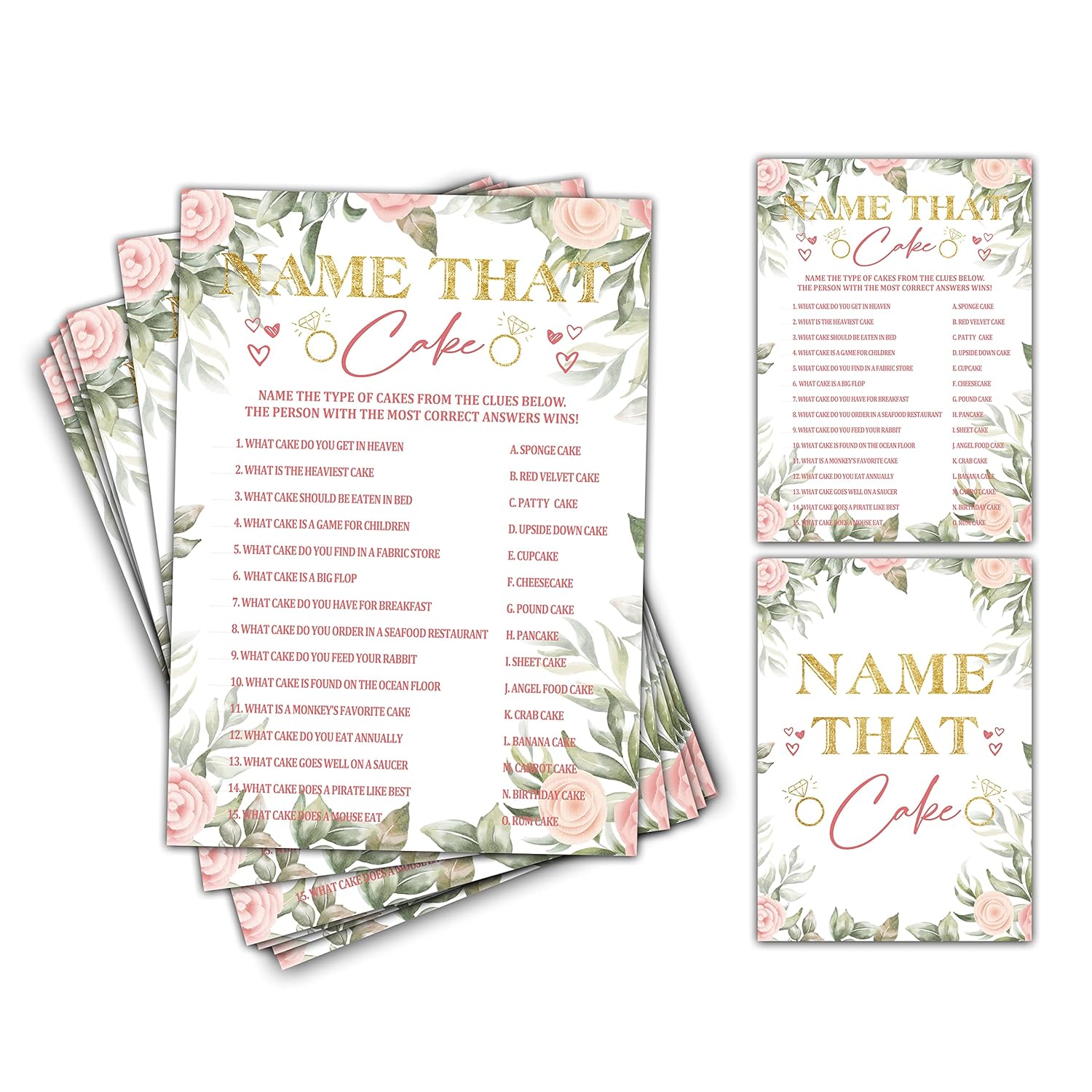 Bridal Shower Games - Name That Cake Wedding Party Game - Boho Floral Greenery Bachelorette/Engagement Party Supplies Activities - Pack Of 30 Game Cards & 1 Answer Card (A01)