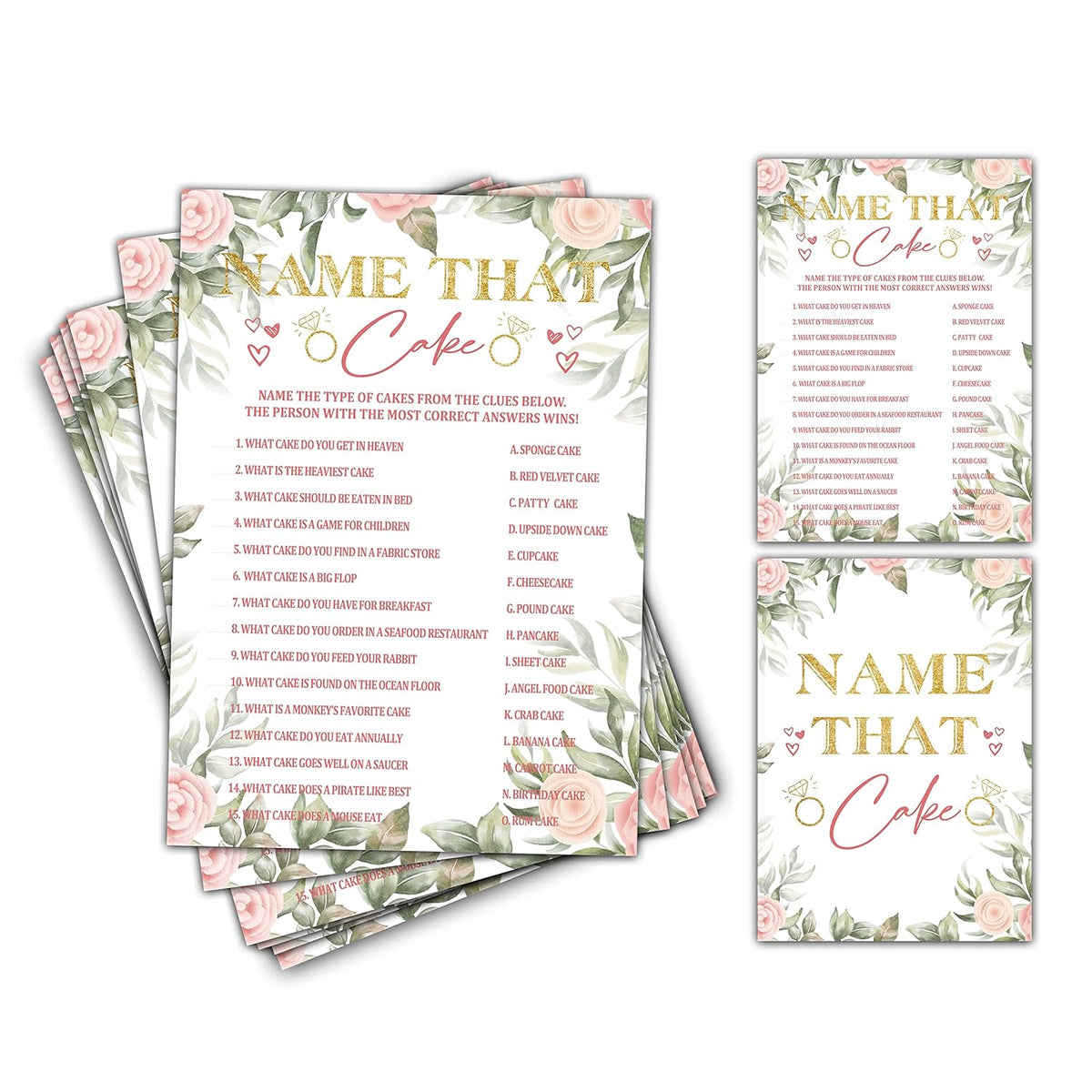 Bridal Shower Games - Name That Cake Wedding Party Game - Boho Floral Greenery Bachelorette/Engagement Party Supplies Activities - Pack Of 30 Game Cards & 1 Answer Card (A01)