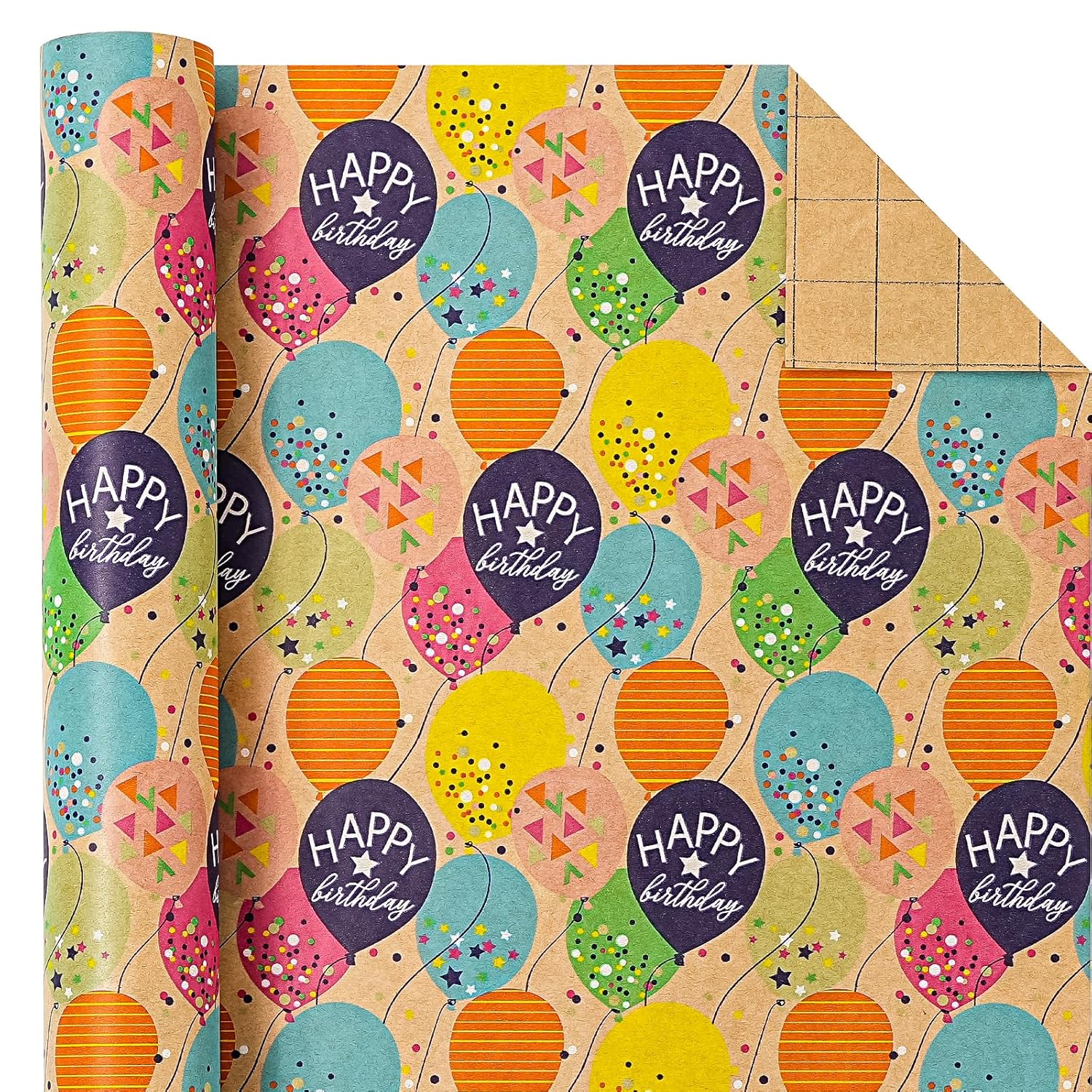Kraft Birthday Wrapping Paper Roll - Mini Roll - 17 Inch X 9.8 Feet - Colorful Balloon With Confetti Design For Girls Boys Kids, Baby Shower, Party