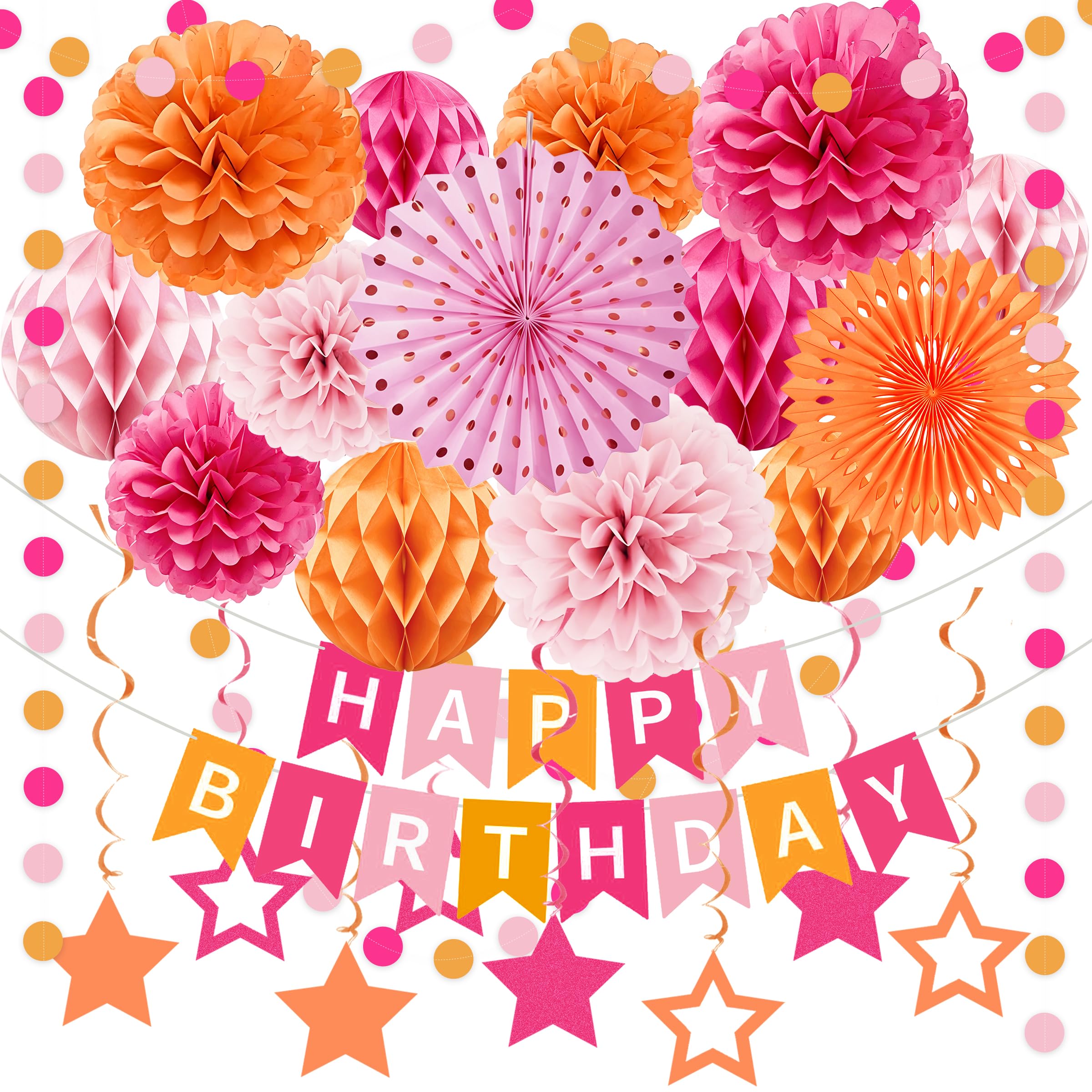 Light-Hot Pink Orange 21st Birthday Party Decorations - Women Happy Birthday Banner with Hanging Star Streamers, Rose Tissue Pom Poms Decor, Fall Boho Flower Fans Honeycomb Balls Supplies