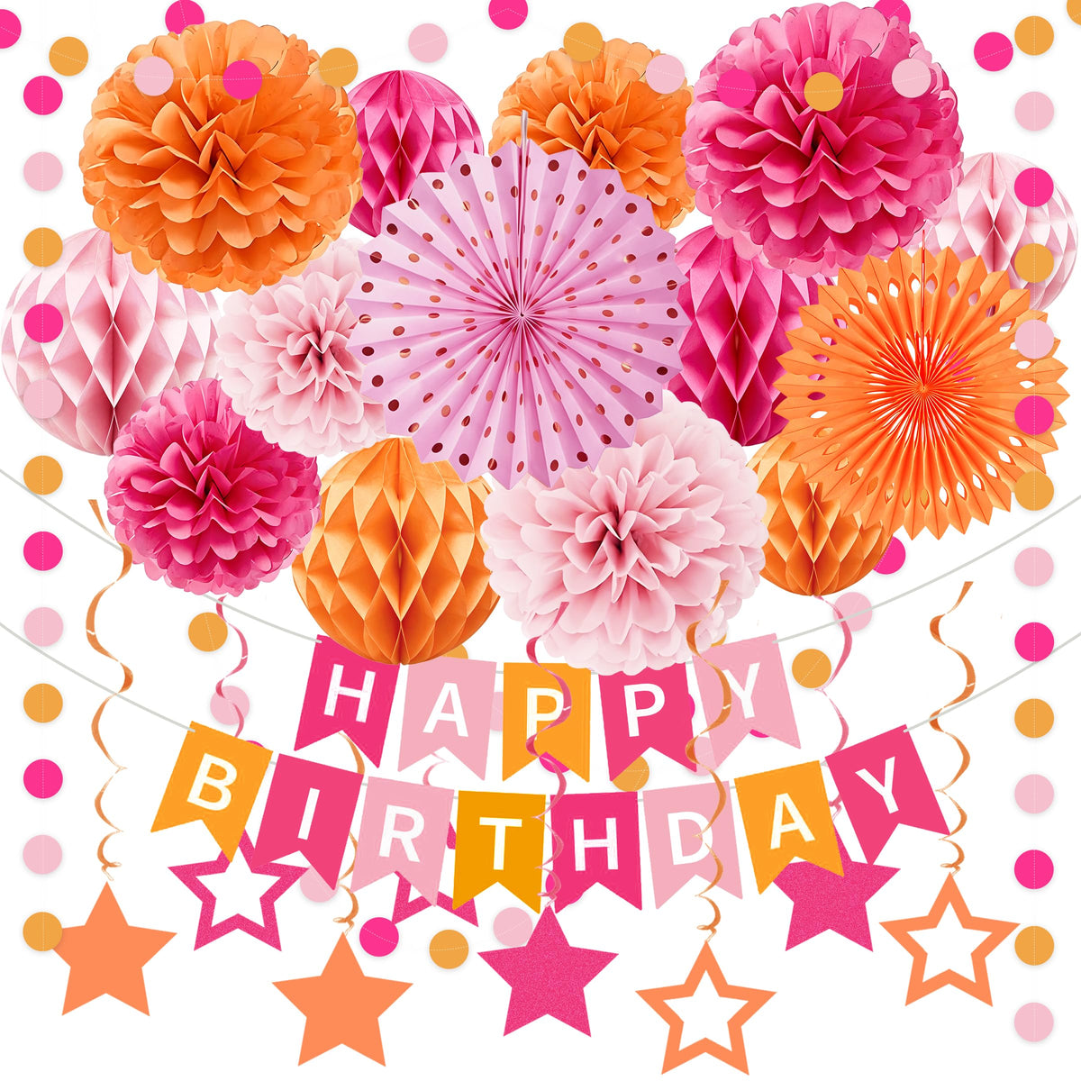 Light-Hot Pink Orange 21st Birthday Party Decorations - Women Happy Birthday Banner with Hanging Star Streamers, Rose Tissue Pom Poms Decor, Fall Boho Flower Fans Honeycomb Balls Supplies
