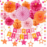 Light-Hot Pink Orange 21st Birthday Party Decorations - Women Happy Birthday Banner with Hanging Star Streamers, Rose Tissue Pom Poms Decor, Fall Boho Flower Fans Honeycomb Balls Supplies