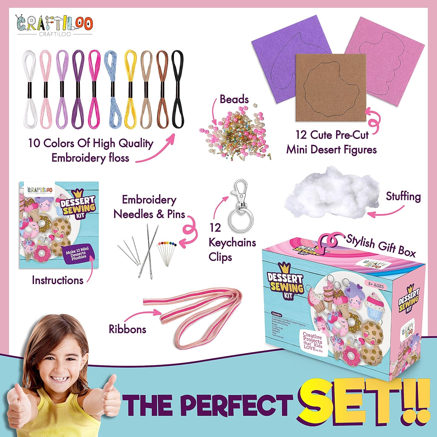 12 Pre-Cut Mini Treats Dessert Fun Kids Sewing Kit For Kids Ages 8-12 Children Beginners Sewing Kit Kid Crafts Make Your Own Felt Pillow Plush Craft Kit Girls And Boys Art Craft Kits Learn To Sew Kit