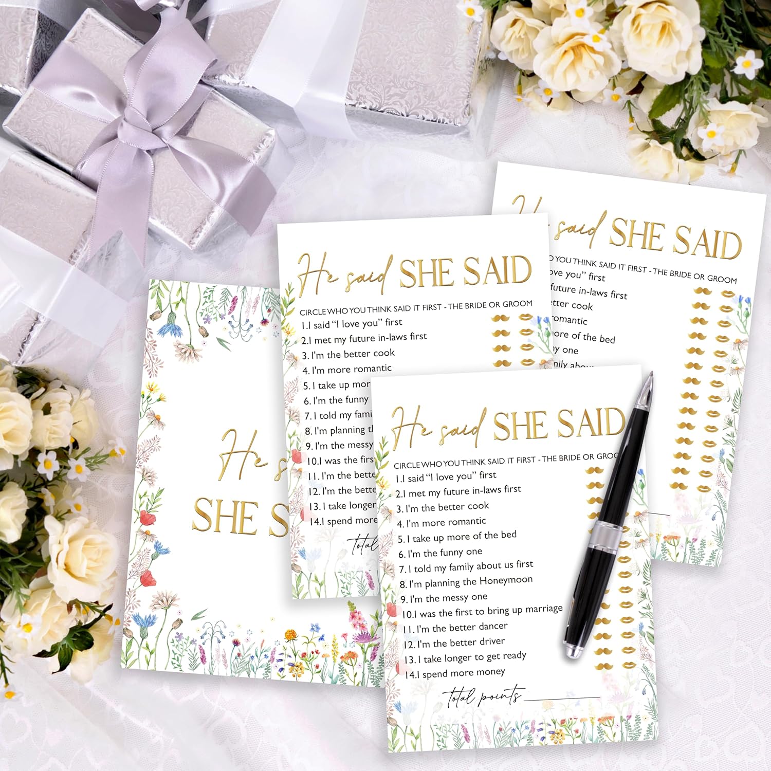 Wildflowers Games Cards, Wedding Shower Games Set, He Said She Said Bridal Shower Game, Spring Flower Themed Bachelorette Party Game, Engagement Party Decorations Supplies, Set Of 25 Cards-02