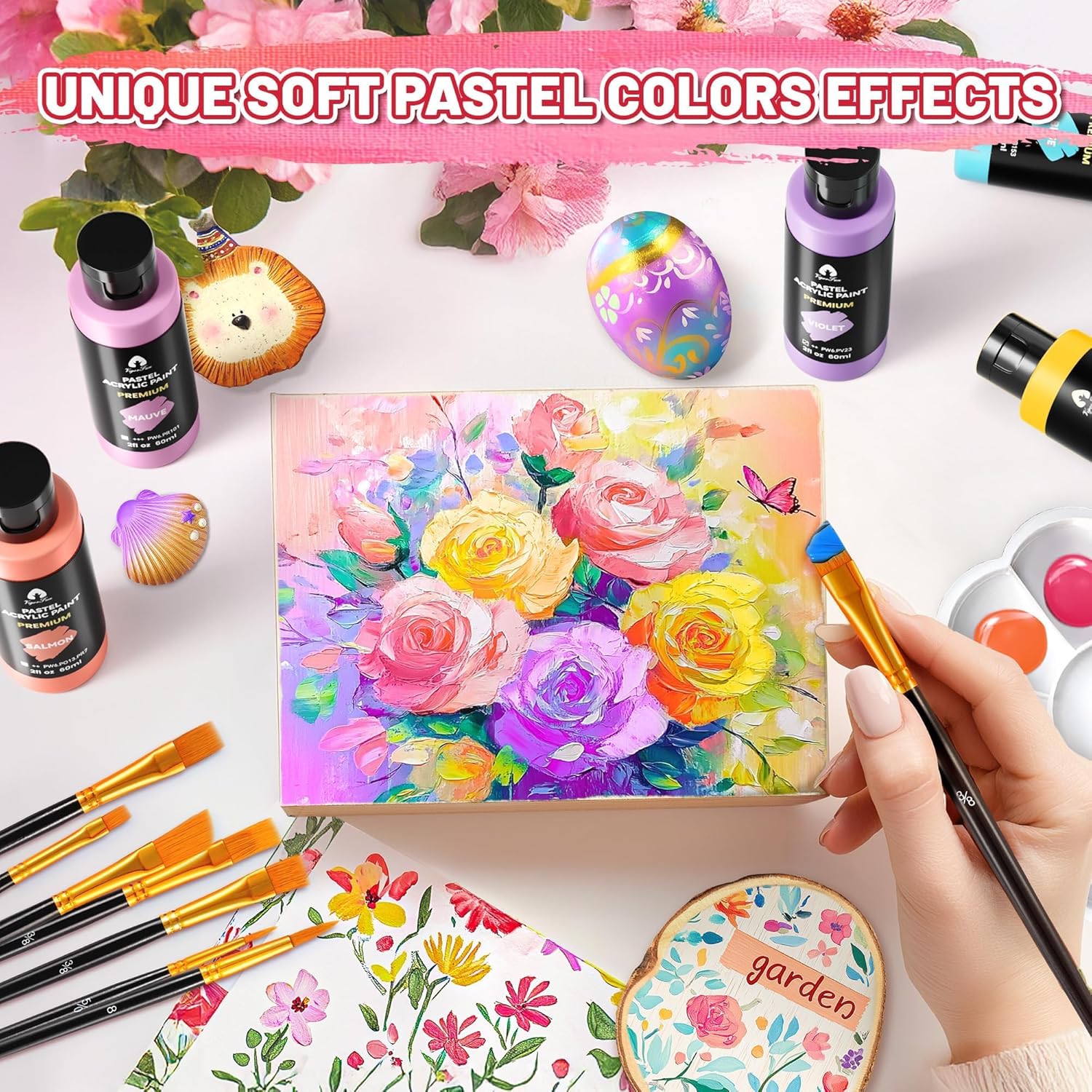 64 Pcs Pastel Acrylic Paint Set With 12 Brushes, 2 Knives & Palette, 48 Colors (2Oz/60Ml) - For Adults, Artists & Beginners - Canvas Ceramic Rock Wood Egg Painting Kit