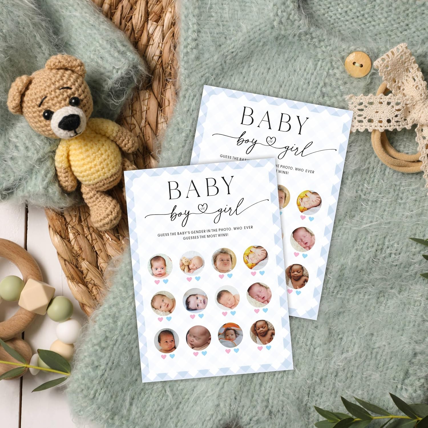 Boy Or Girls Photo Guess Baby Shower Game Cards, Fun Games For Boy Or Girl, Gender Neutral Modern Minimal Design, Party Activities, 30 Game Cards + 1 Answer Card 5X7 Inches (Blue) - A08