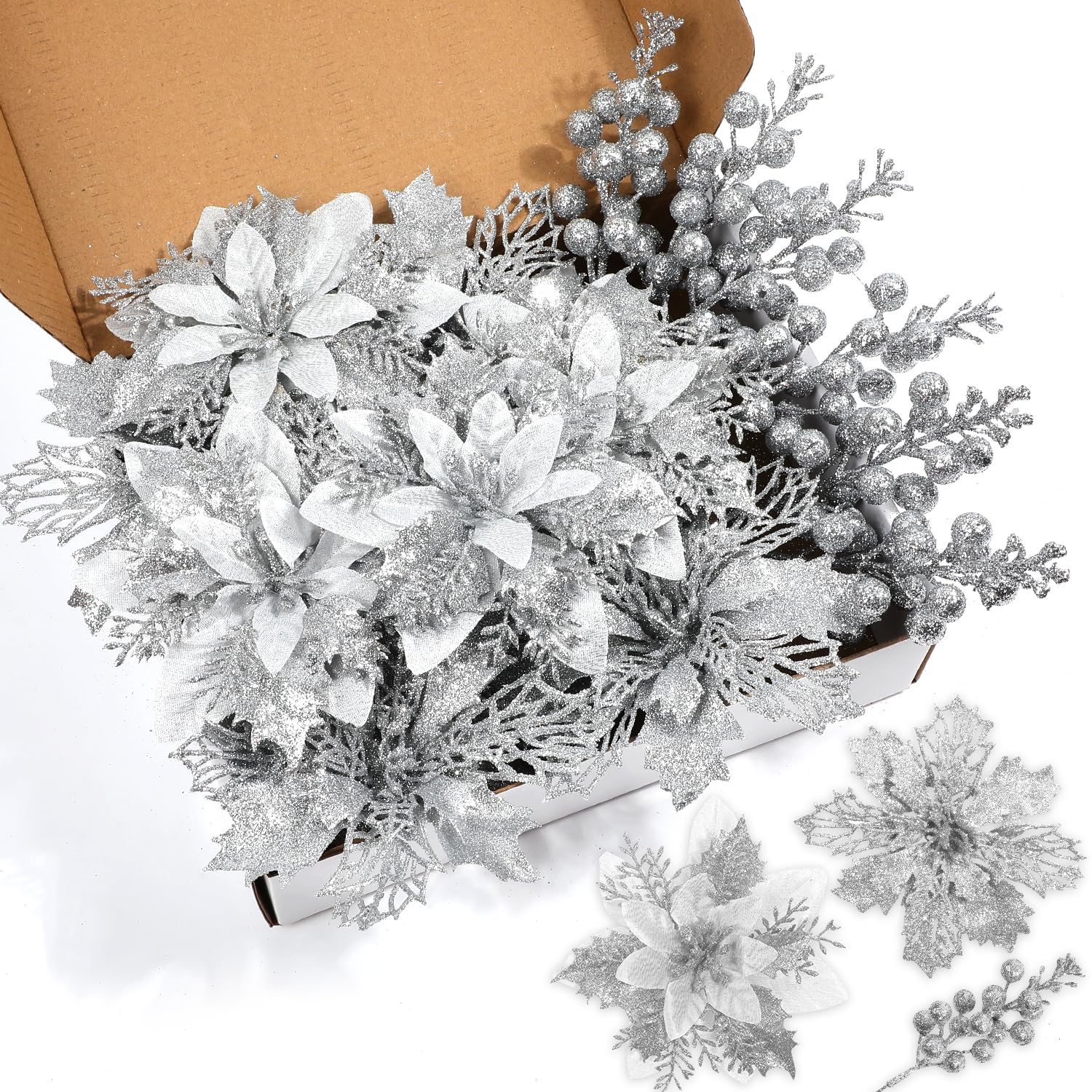 22 Pcs Silver Christmas Poinsettia Artificial Flowers And Glitter Berries Stems Kit, Christmas Poinsettias Decorations And Christmas Tree Ornaments For Xmas Home Wedding Holiday Tree Decor