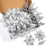 22 Pcs Silver Christmas Poinsettia Artificial Flowers And Glitter Berries Stems Kit, Christmas Poinsettias Decorations And Christmas Tree Ornaments For Xmas Home Wedding Holiday Tree Decor
