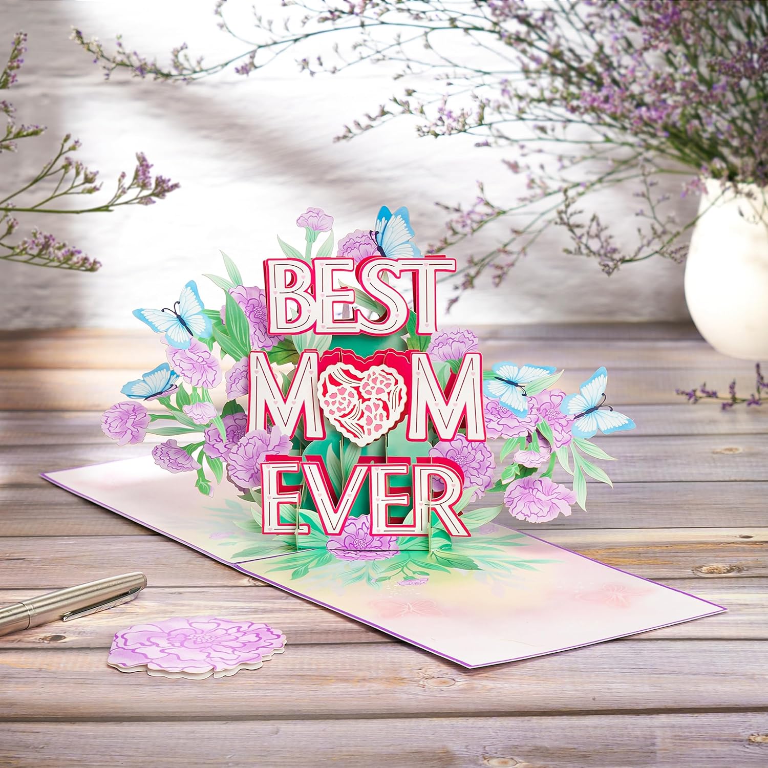 Best Mom Ever Pop Up Cards, Carnations, 3D Greeting Cards, Gift For Birthday, Mothers Day, Anniversary, Valentines Day, Mom, Stepmom, Mother In Law, 5X7 - Includes Envelope And Message Note