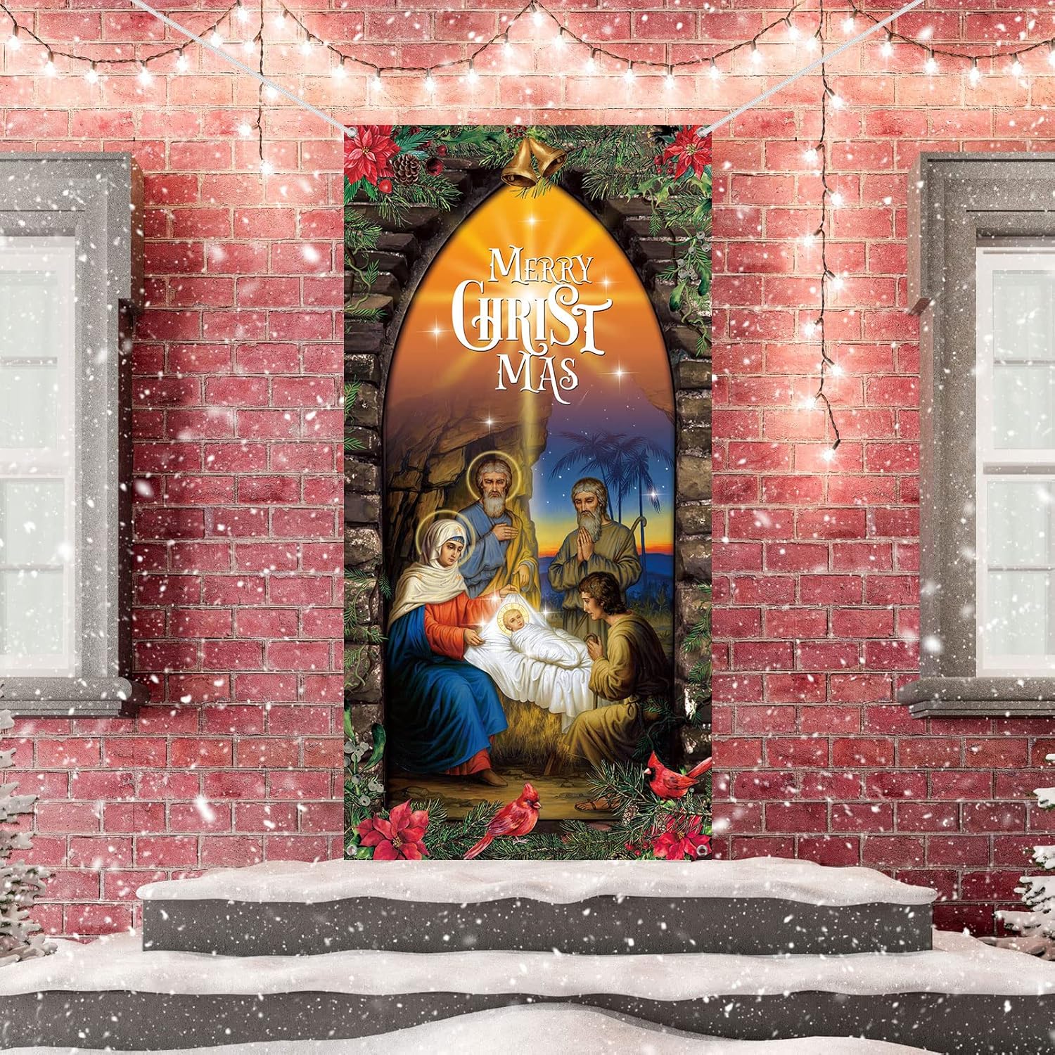 Christmas Decoration Outdoor Religious Door Cover Holy Nativity Front Door Hanging Backdrop Xmas Photography Background For Winter House Church Party Supplies, 70 X 35 Inch