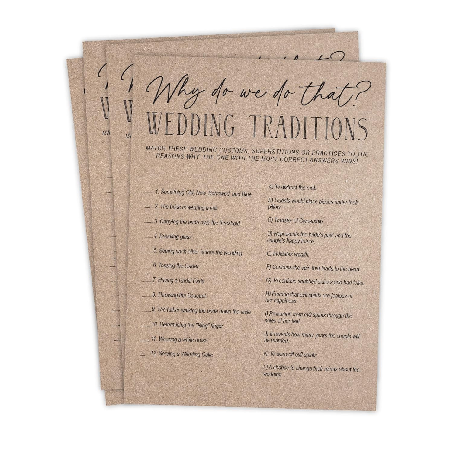 Bridal Shower Games, Fun Activities, Kraft Minimalist Style (Wedding Traditions Game)