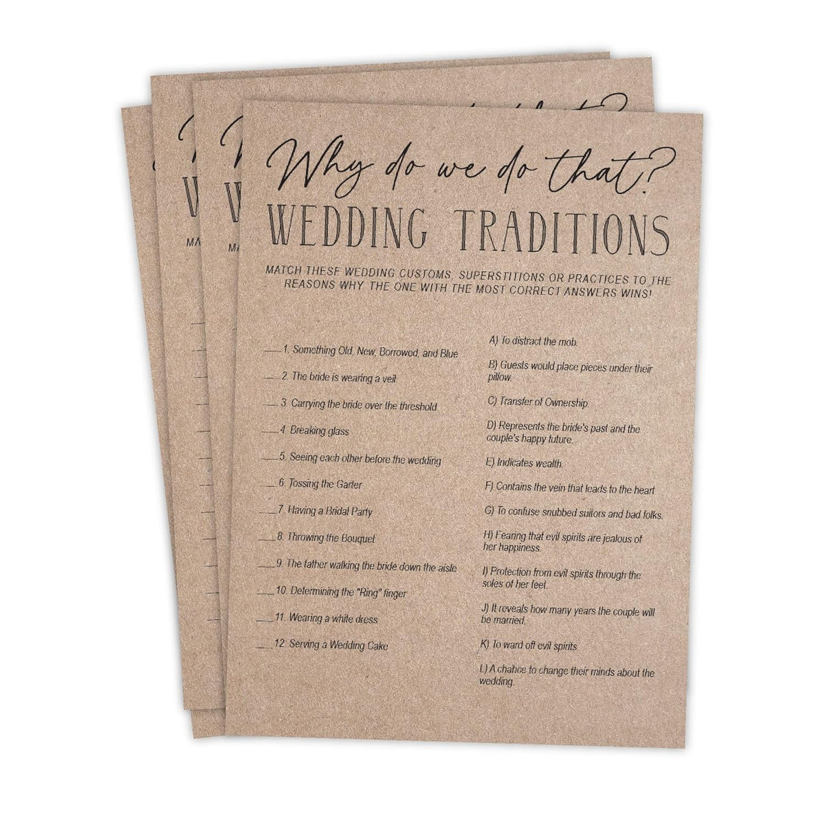Bridal Shower Games, Fun Activities, Kraft Minimalist Style (Wedding Traditions Game)