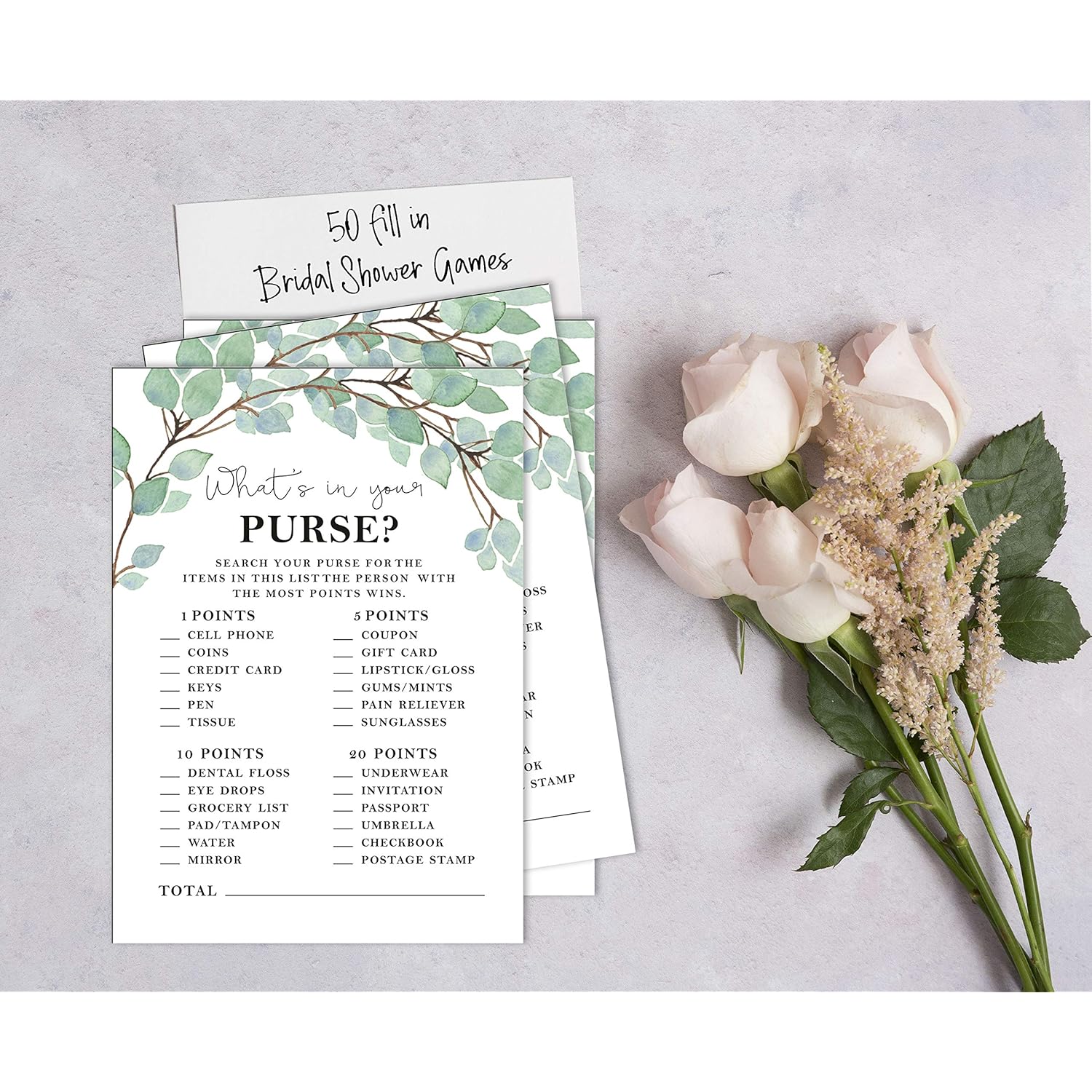 50-Pack Greenery Whats In Your Purse Bridal Shower Game Wedding Shower Bachelorette Party Bulk Activity Game Cards