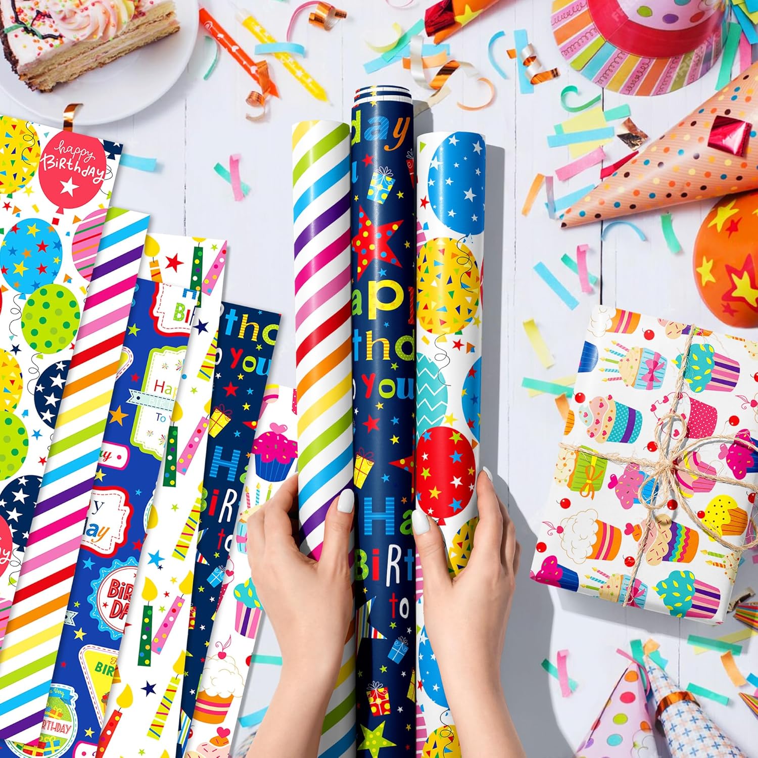12 Sheets Happy Birthday Gift Wrapping Paper 6 Design With “Happy Birthday” Candles, Balloons, Colorful Stripes Pattern Pad For Boys, Girls, Women, Men, Ideal Gift Wrap For Holiday Parties 20'' X 27''